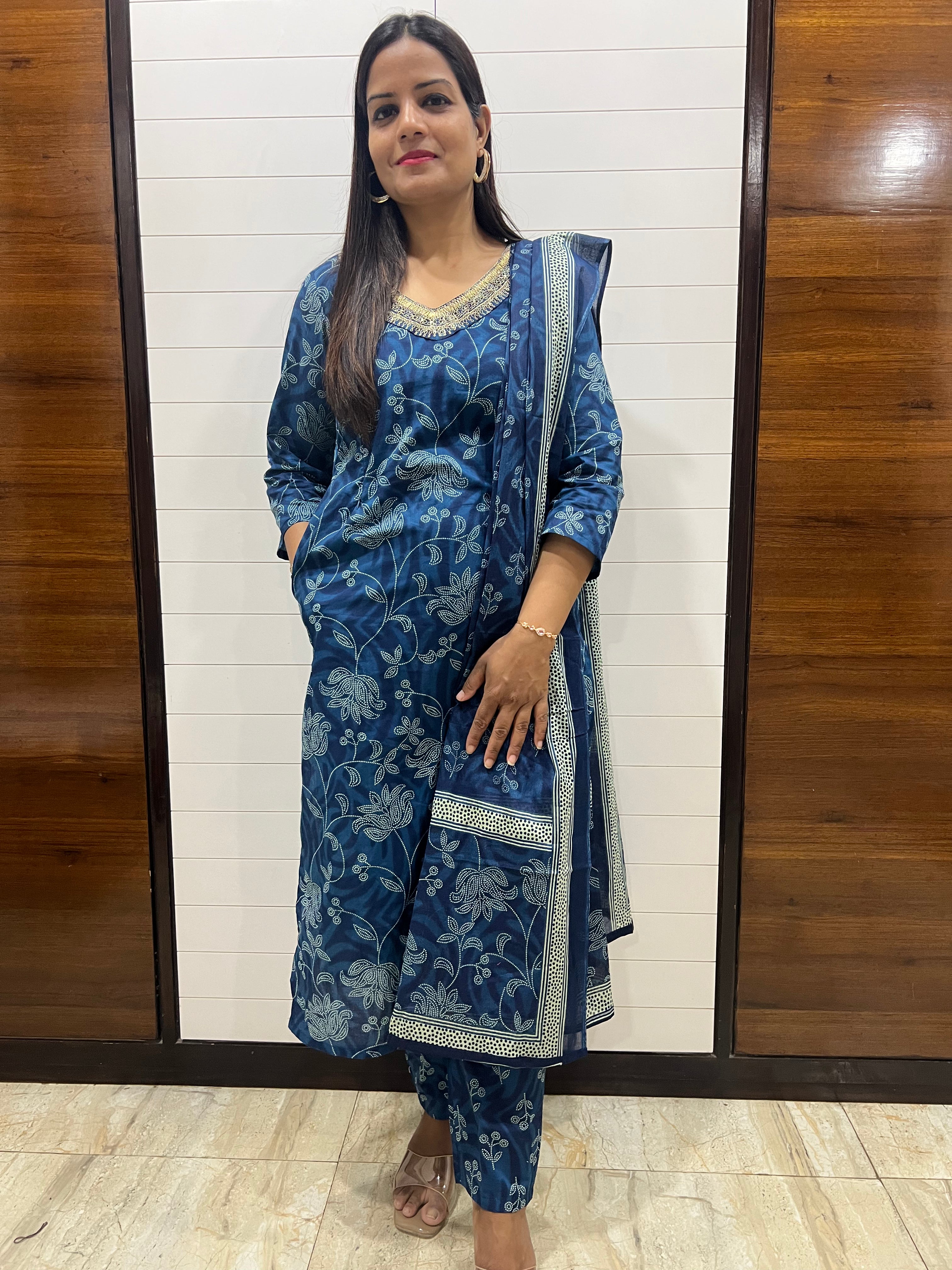 Blue Pure Printed Cotton Feeding Kurta Pant and Dupatta Set