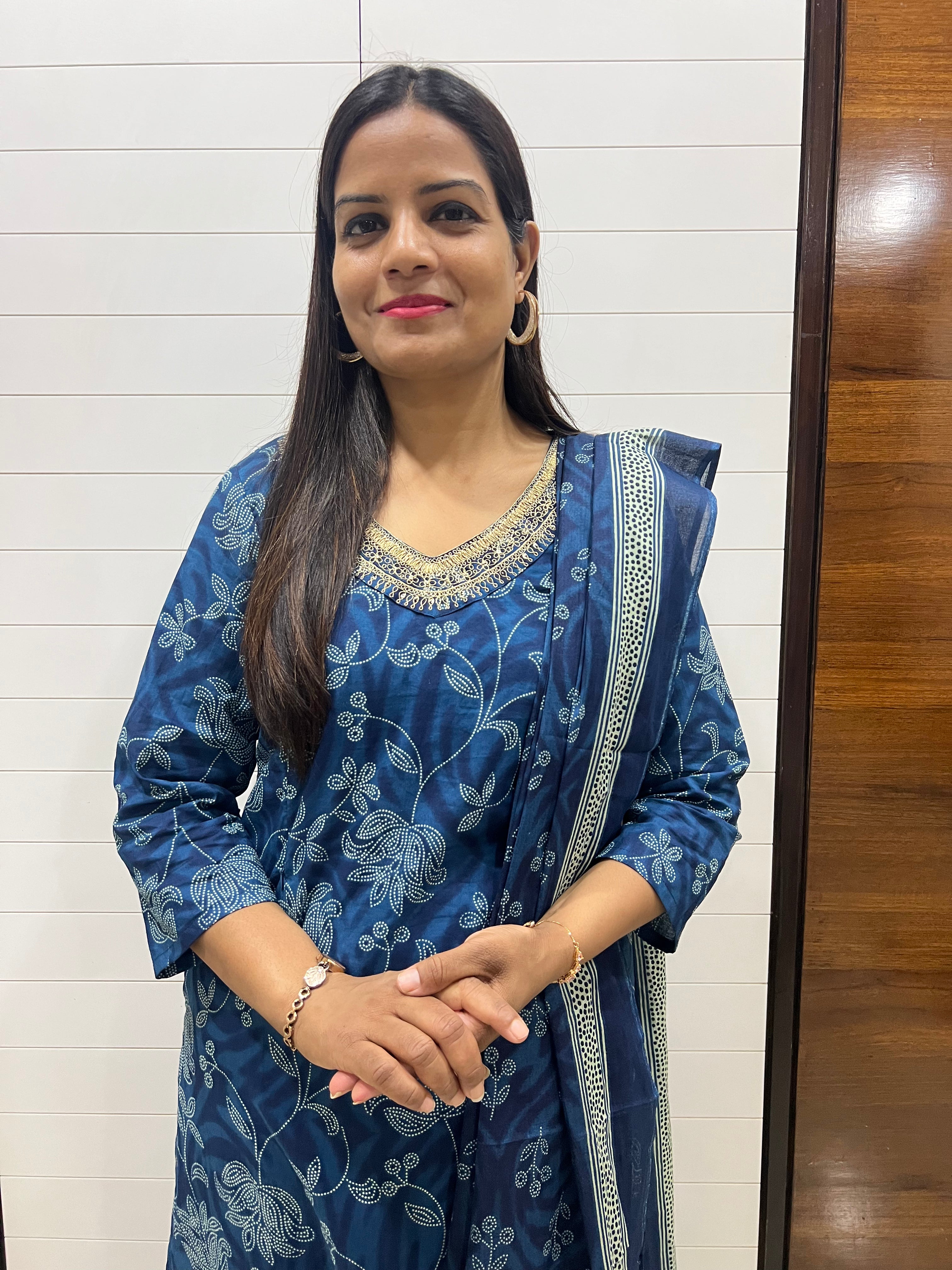 Blue Pure Printed Cotton Feeding Kurta Pant and Dupatta Set