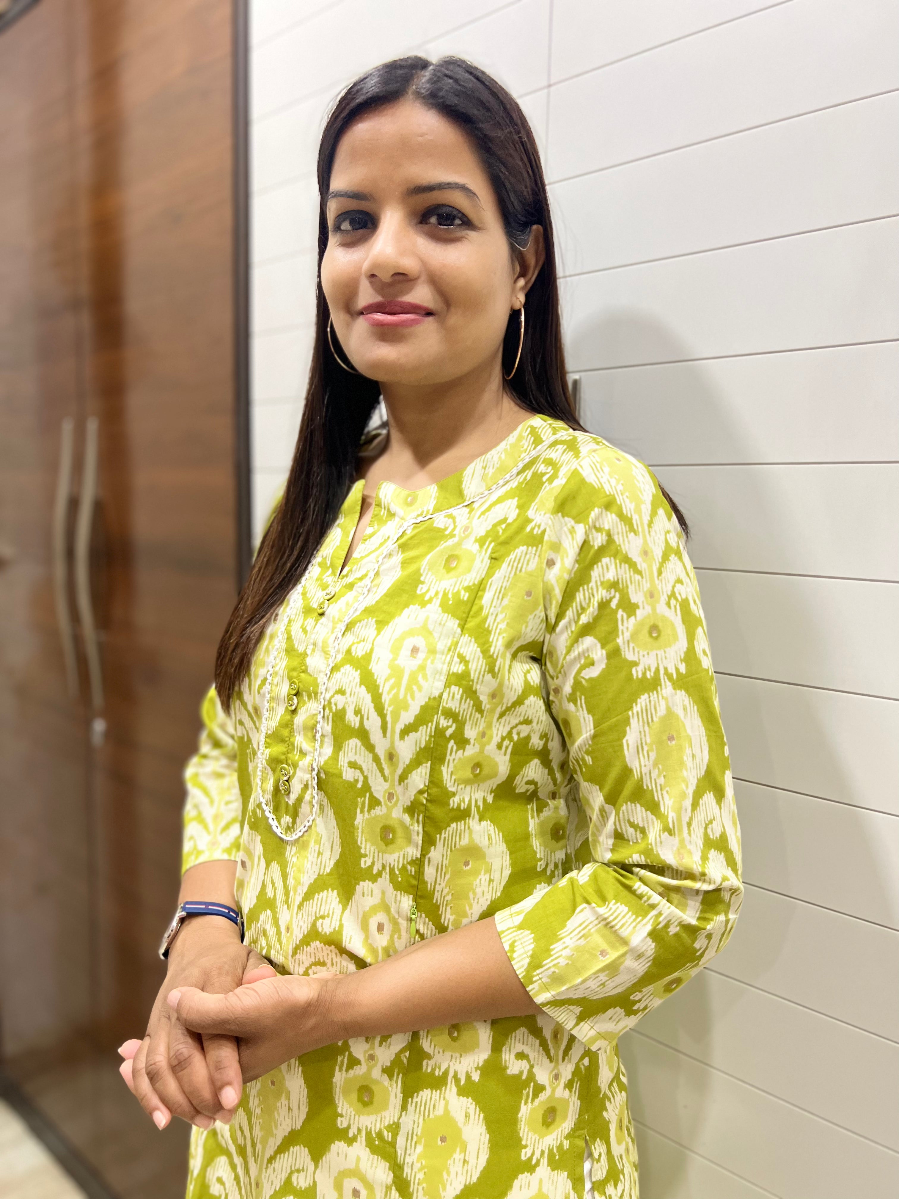 Pista Color Pure Cotton Ikkat Print Feeding Kurta With Side Pocket