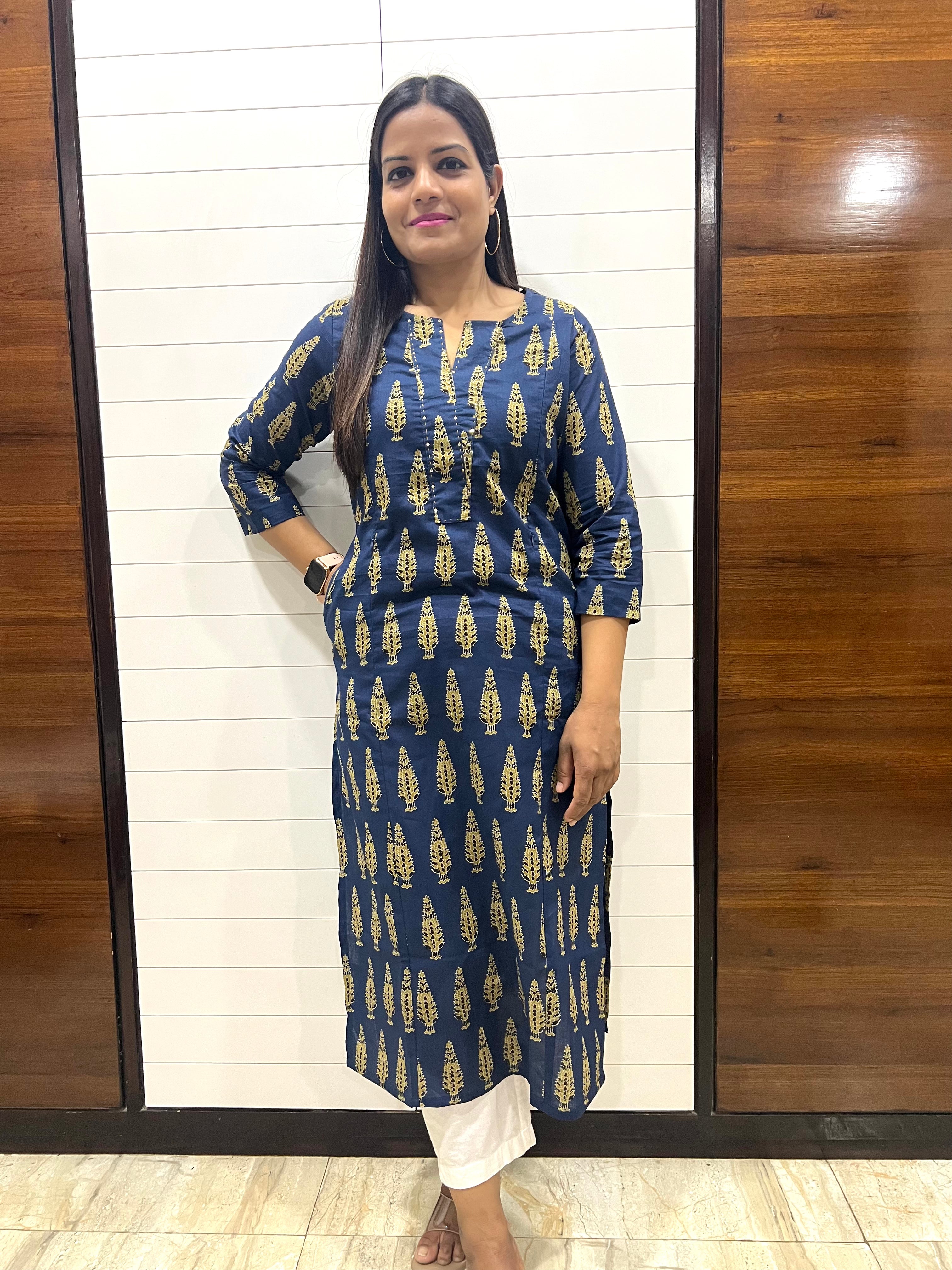 Blue Jaipuri Boota Print Pure Cotton Feeding Kurta with Side Pocket