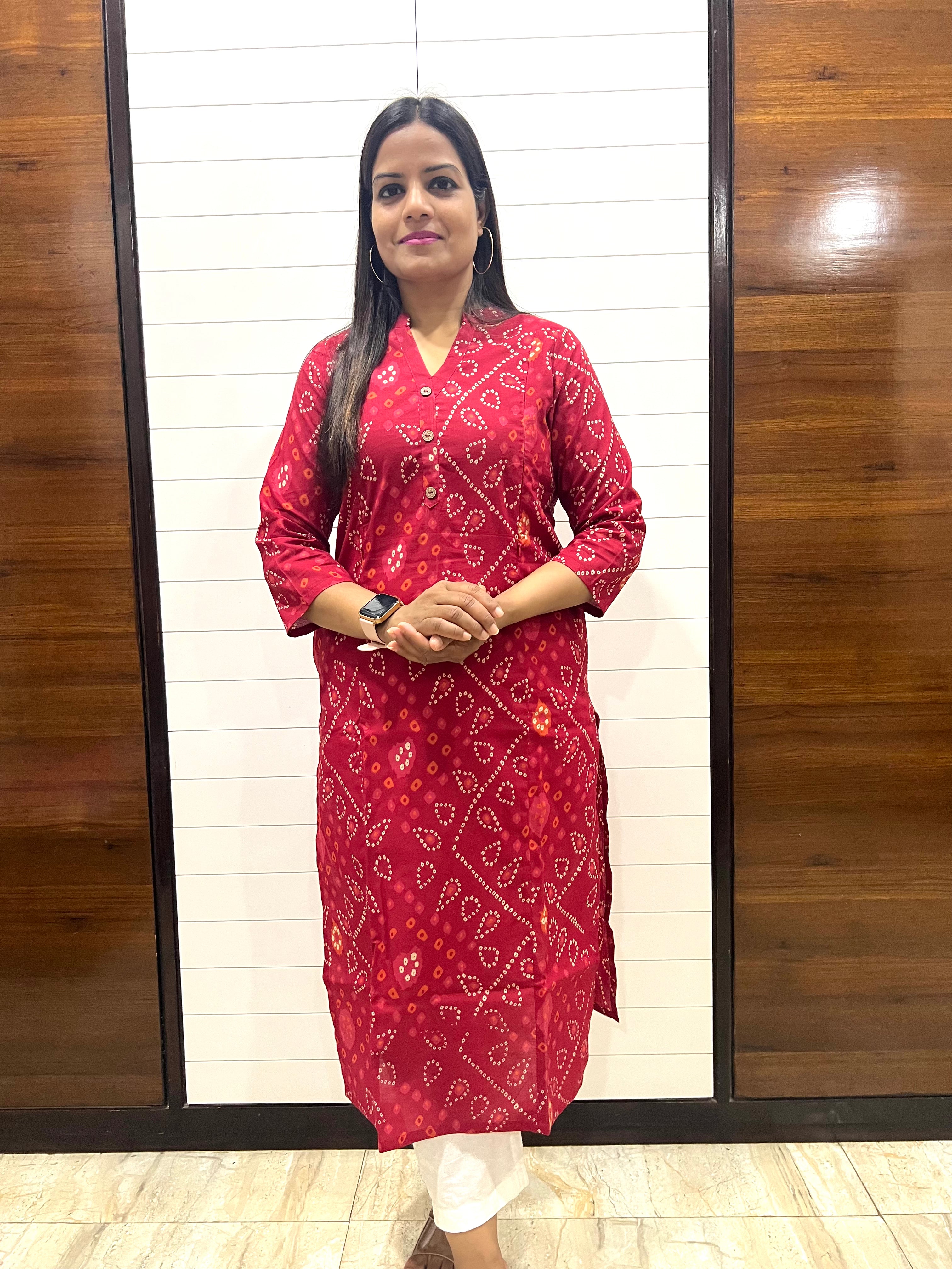Mumzhug Red Bandhej Pure Cotton Feeding Kurta with Side Pocket