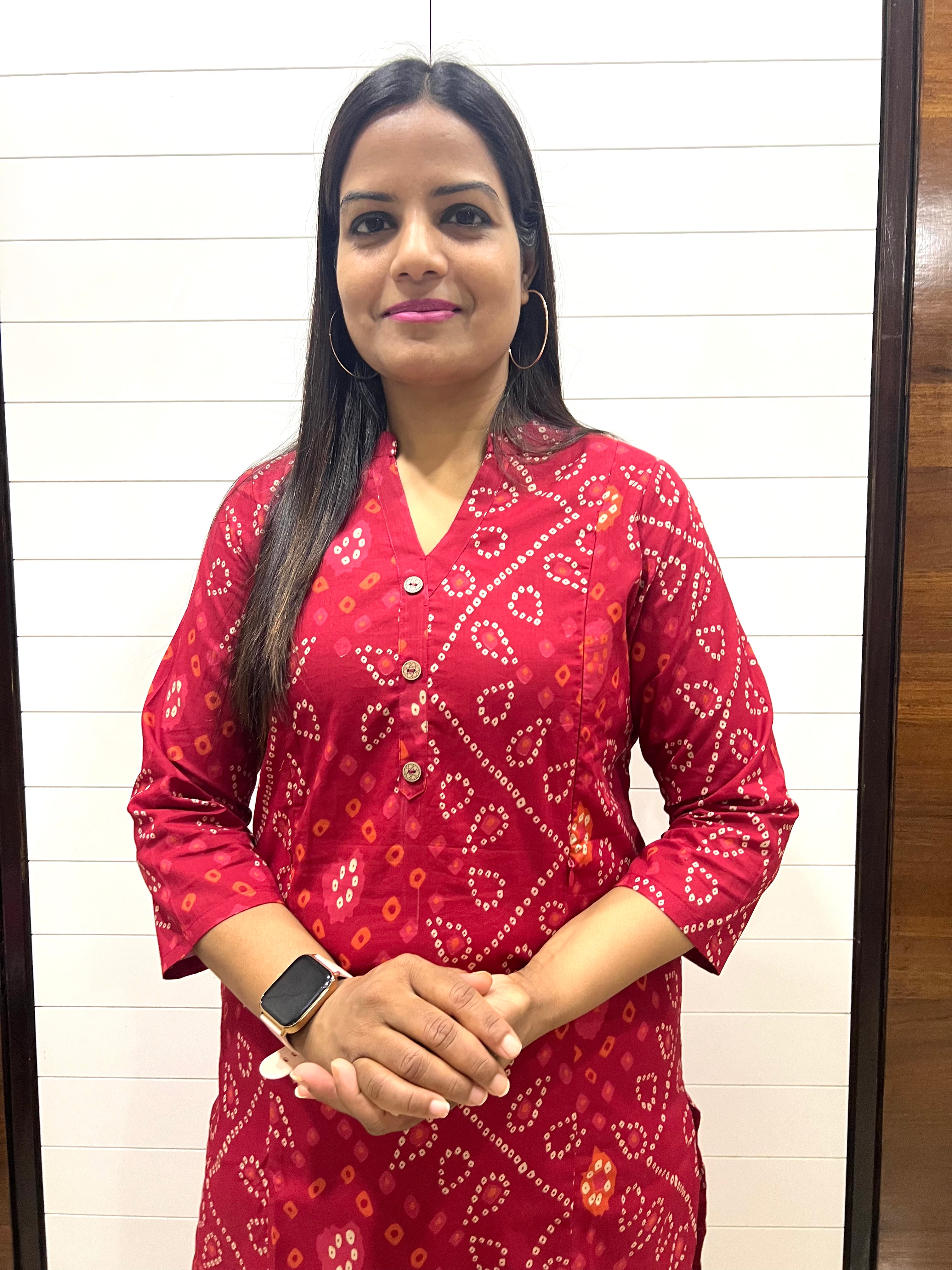 Mumzhug Red Bandhej Pure Cotton Feeding Kurta with Side Pocket