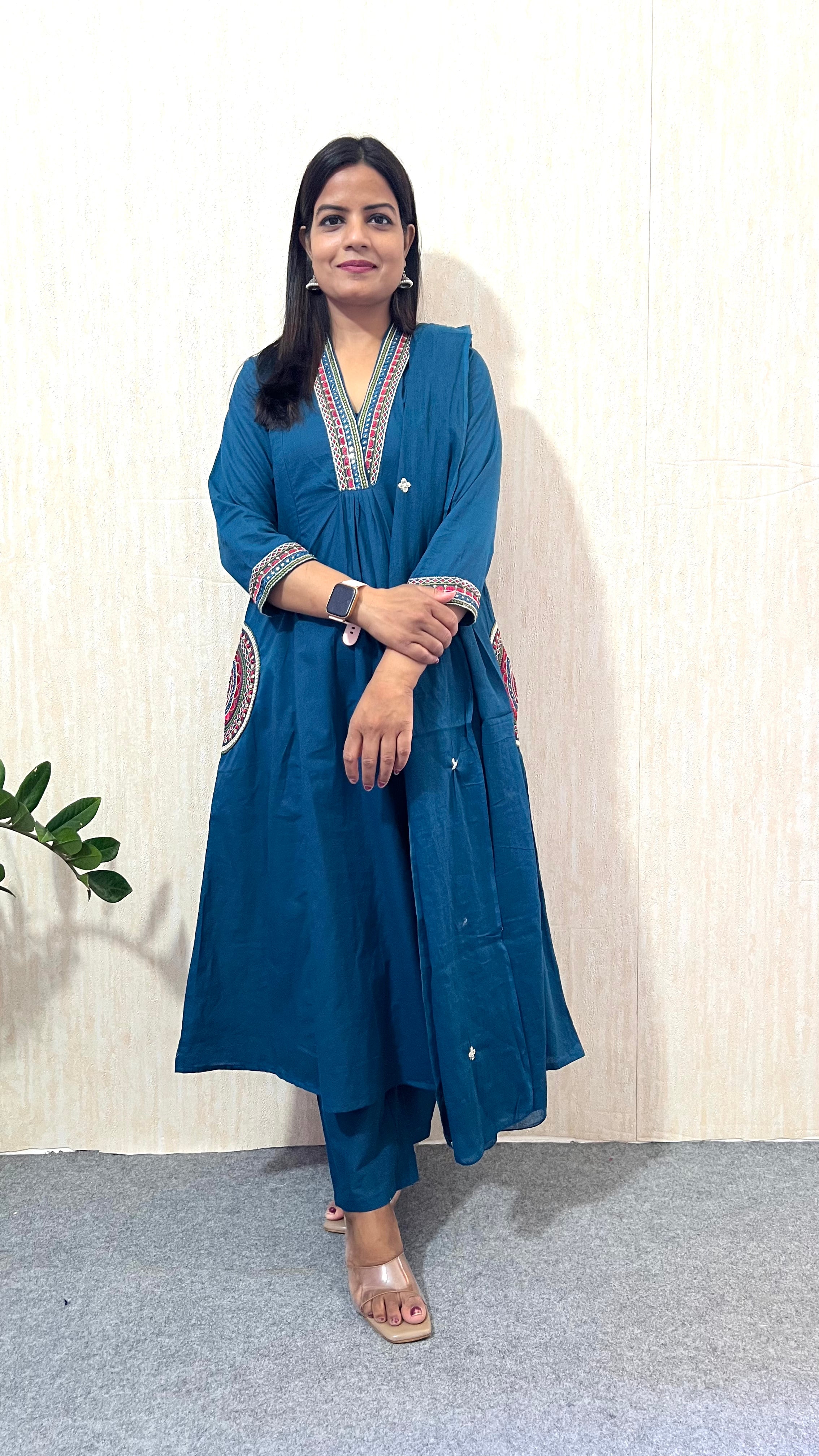 Mumzhug Blue Pure Cotton Embroidered Feeding & Maternity Kurta Pant with Dupatta Set