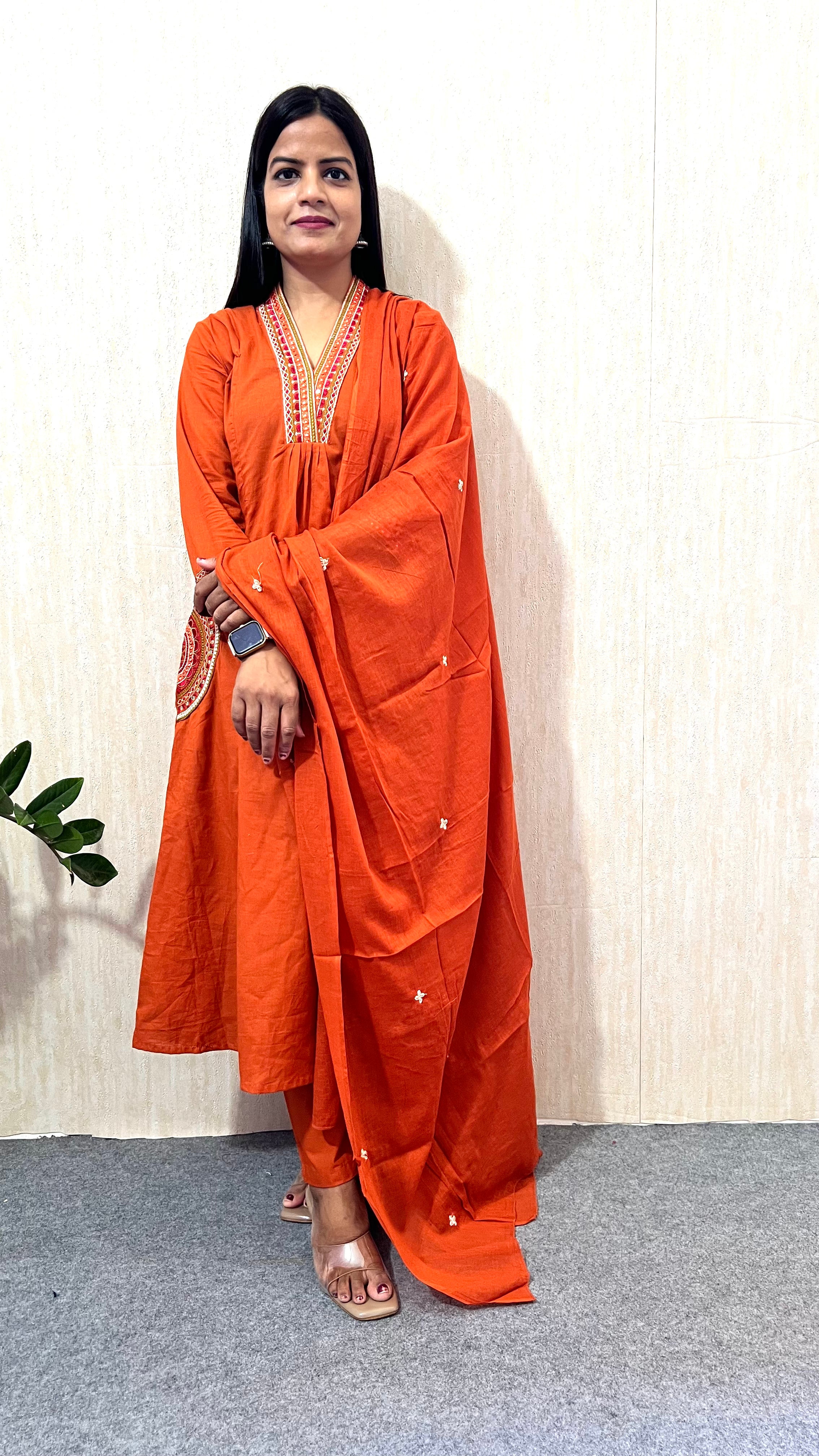 Mumzhug Rust Orange Pure Cotton Embroidered Feeding & Maternity Kurta Pant with Dupatta Set