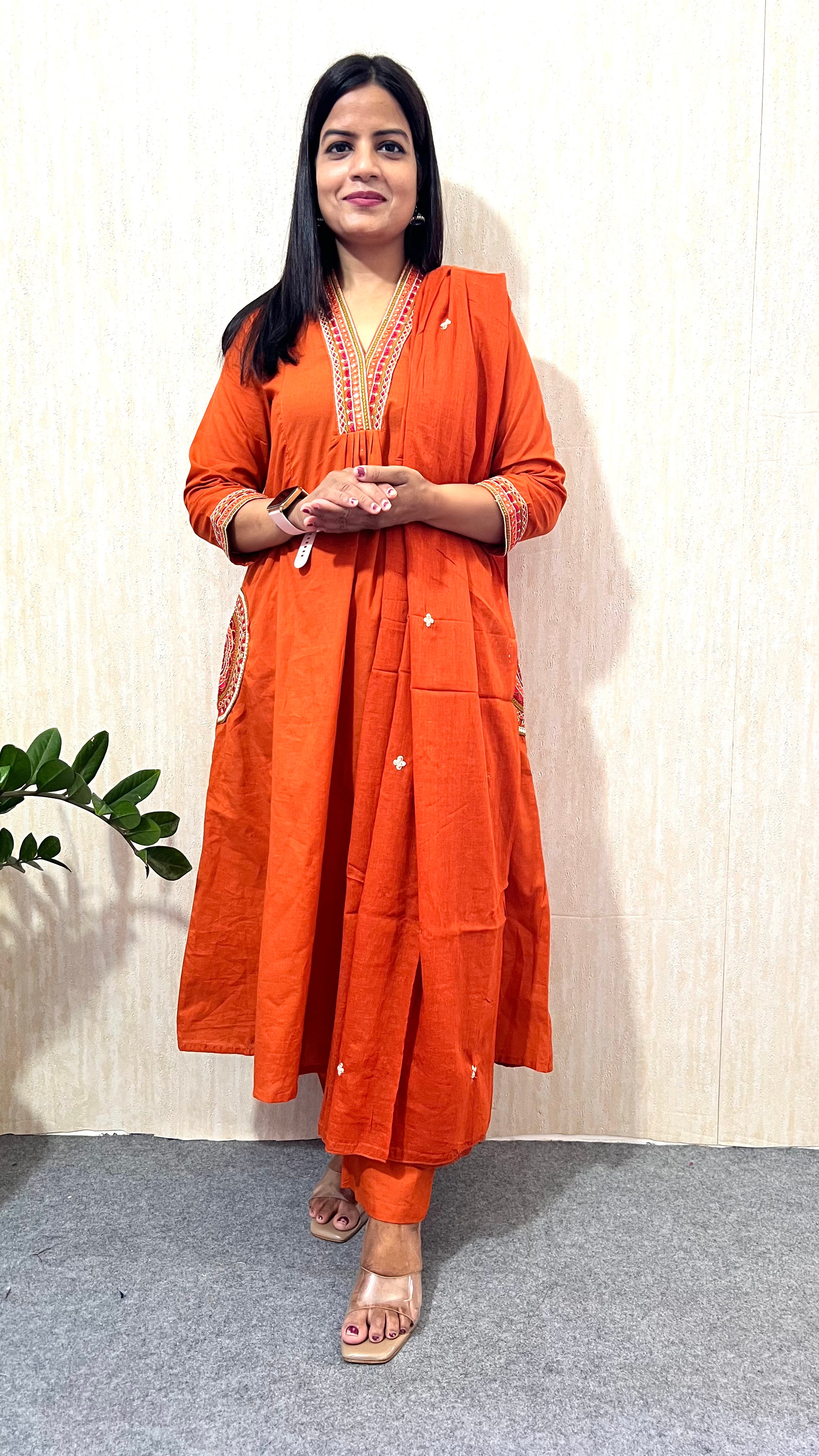 Mumzhug Rust Orange Pure Cotton Embroidered Feeding & Maternity Kurta Pant with Dupatta Set