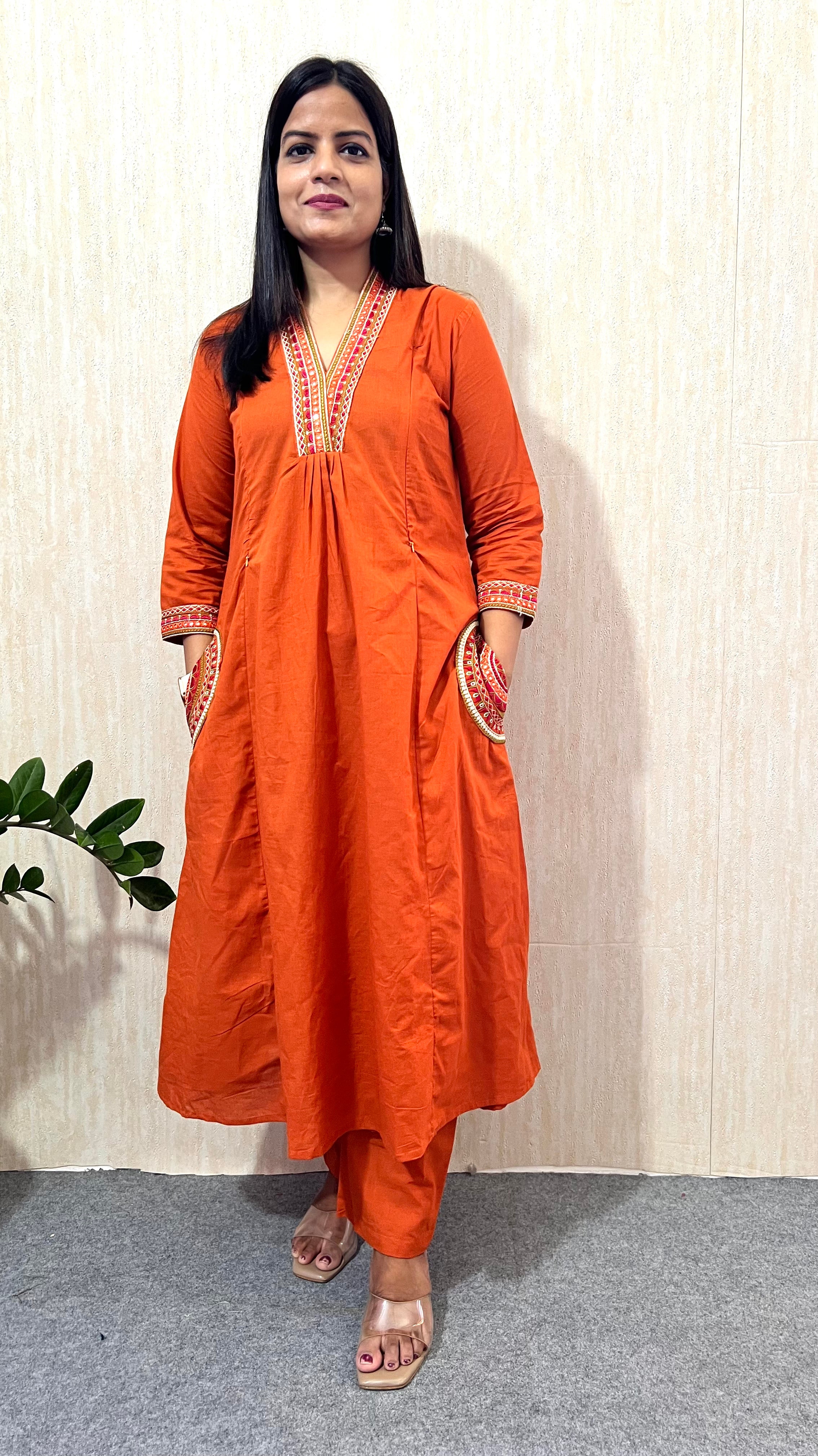 Mumzhug Rust Orange Pure Cotton Embroidered Feeding & Maternity Kurta Pant with Dupatta Set