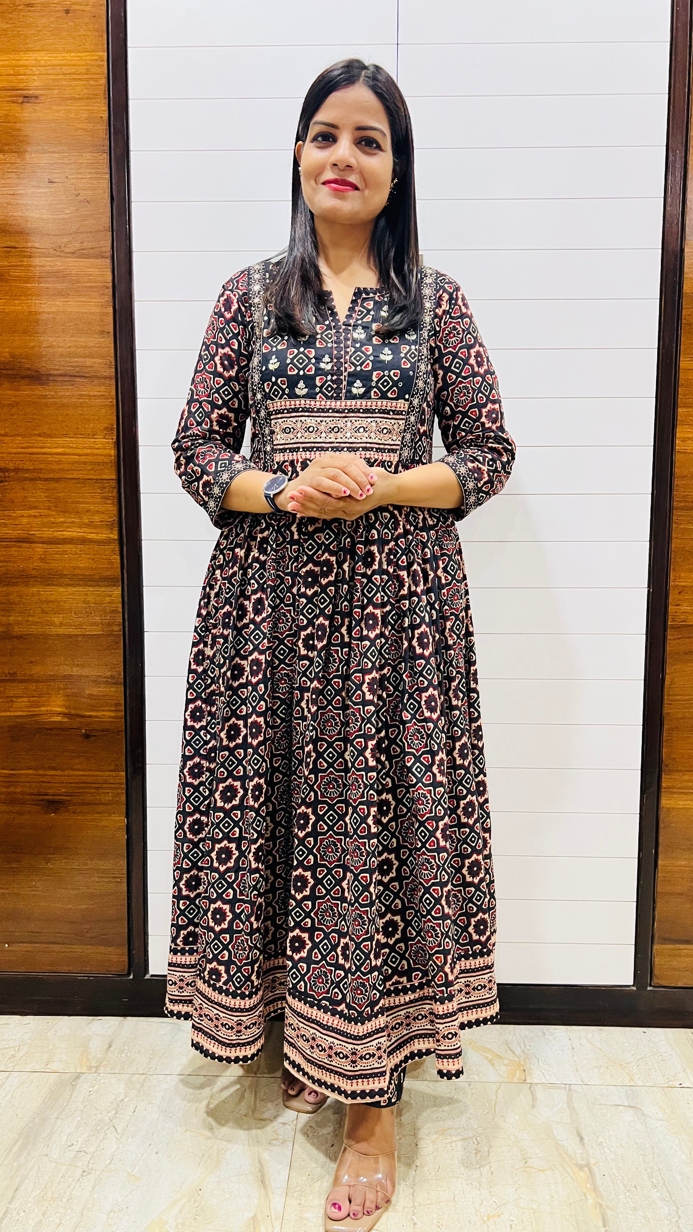 Mumzhug Midnight Bloom Black Pure Cotton Jaipuri Print Embroidered Feeding & Maternity Anarkali Set