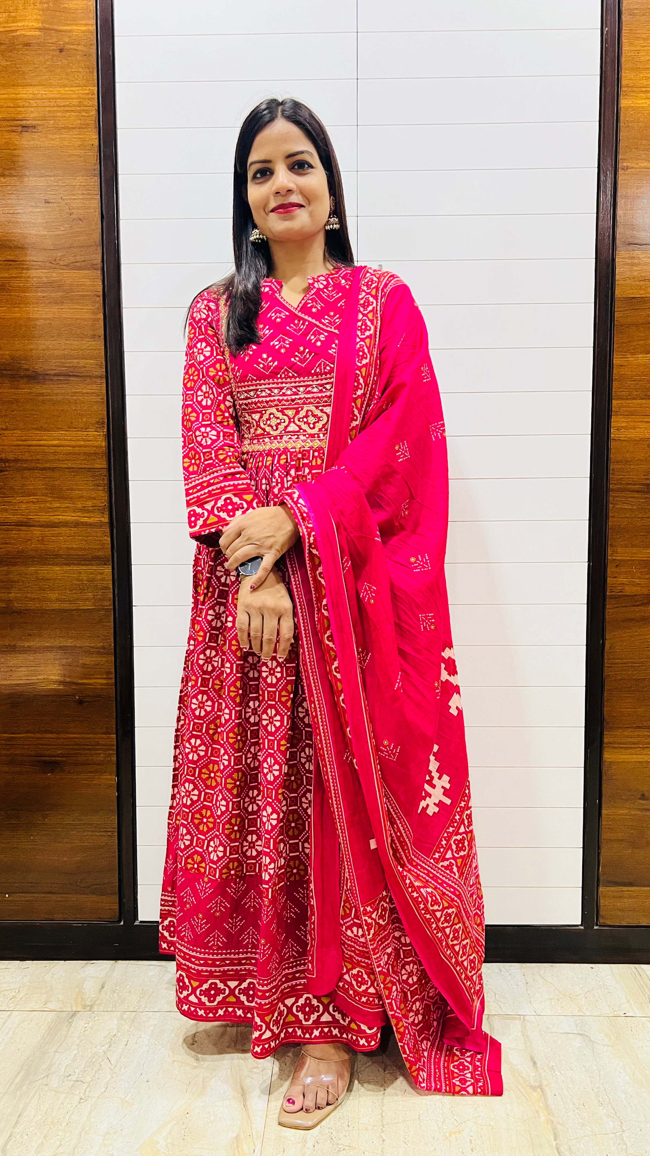 Mumzhug Rani Blossom Fuchsia Pure Cotton Jaipuri Print Embroidered Feeding & Maternity Anarkali Set