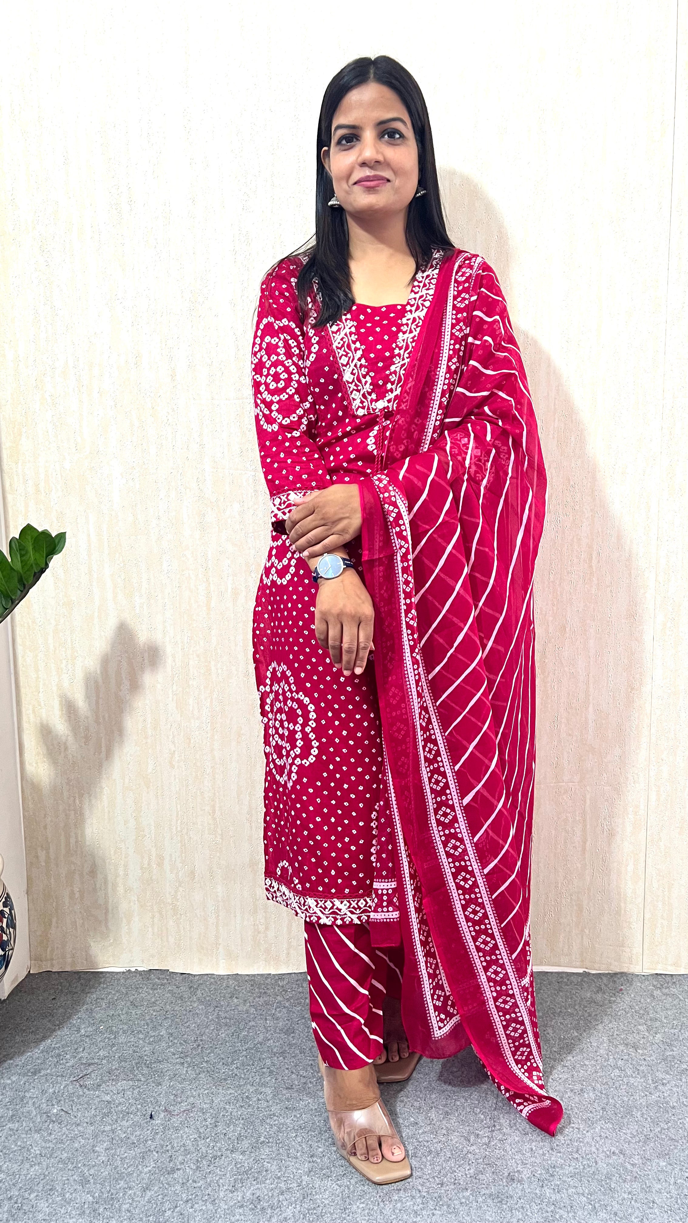 Mumuzhug Gulnaar Pure Cotton Jaipuri Bandhej Print Feeding Kurta Pant & Dupatta Set for Women | Nursing Friendly Ethnic Wear