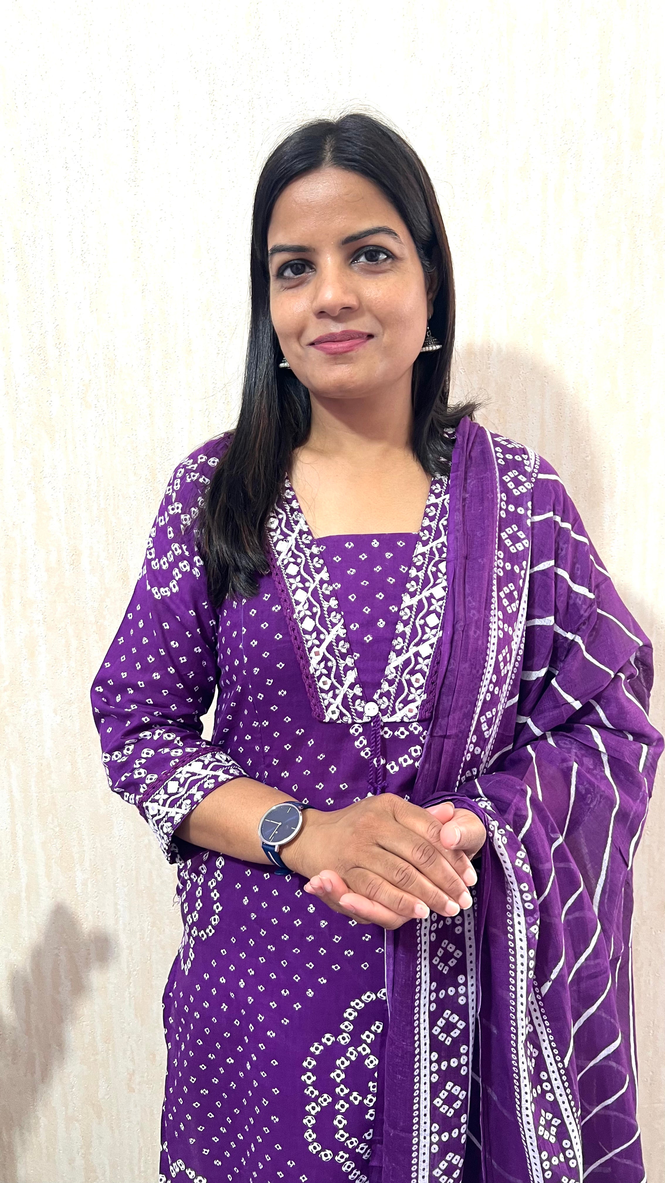 Mumuzhug Varnika Pure Cotton Purple Jaipuri Bandhej Print Feeding Kurta Pant & Dupatta Set for Women | Nursing Friendly Ethnic Wear