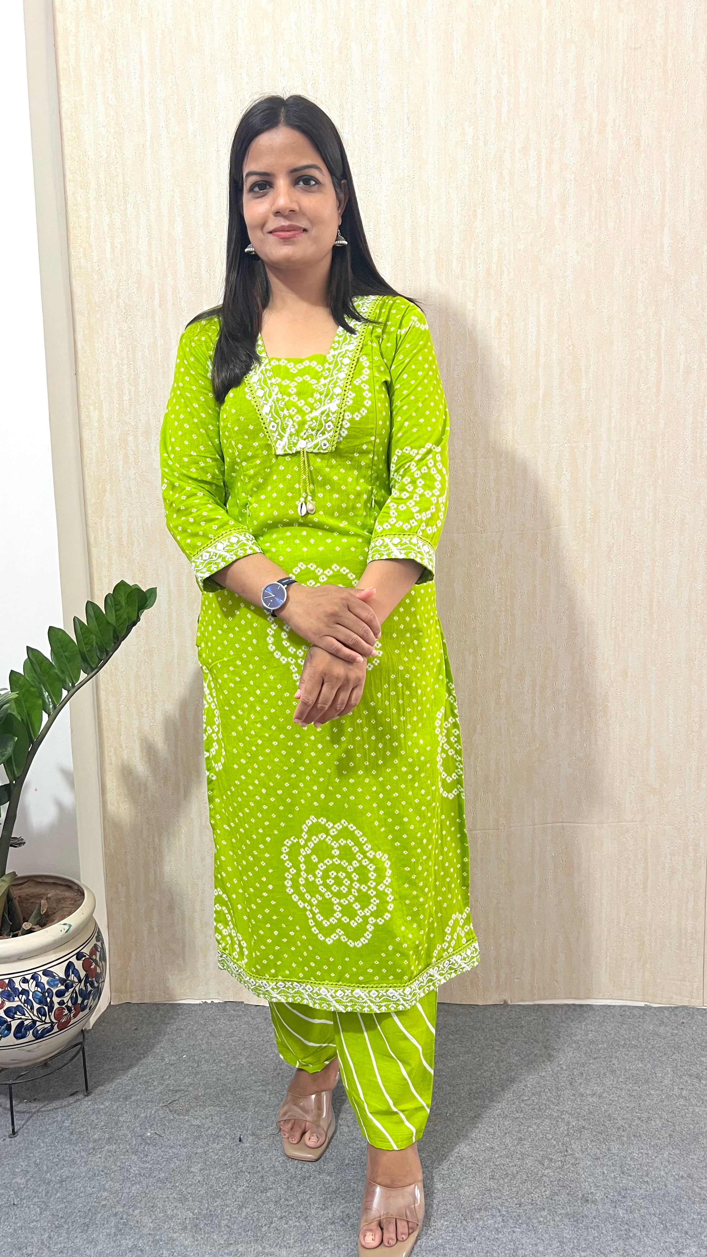 Mumuzhug Haritika Pure Cotton Lime Green Jaipuri Bandhej Print Feeding Kurta Pant & Dupatta Set for Women | Nursing Friendly Ethnic Wear