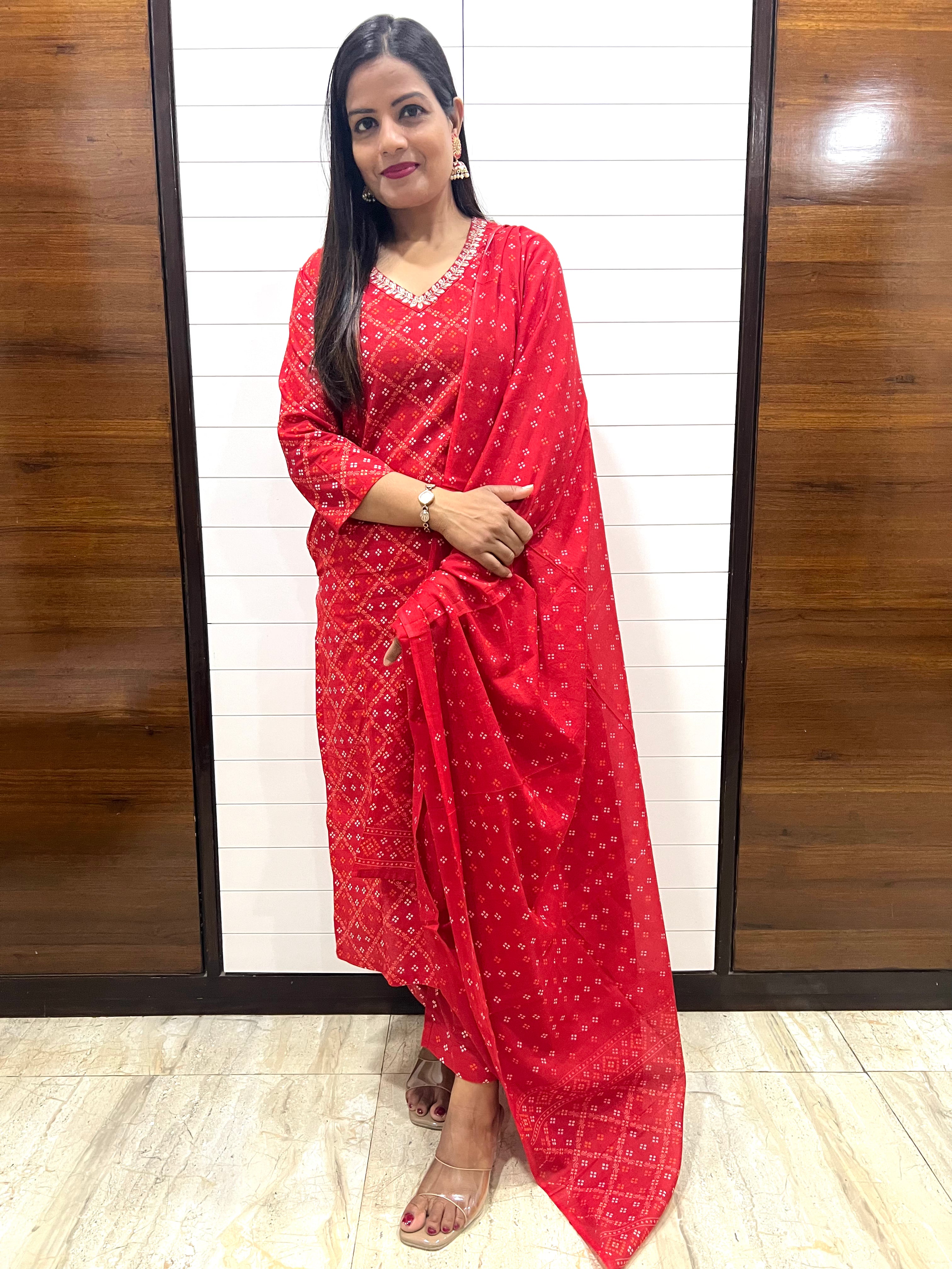 Red Pure Cotton Printed Feeding Kurta Pant and Dupatta Set