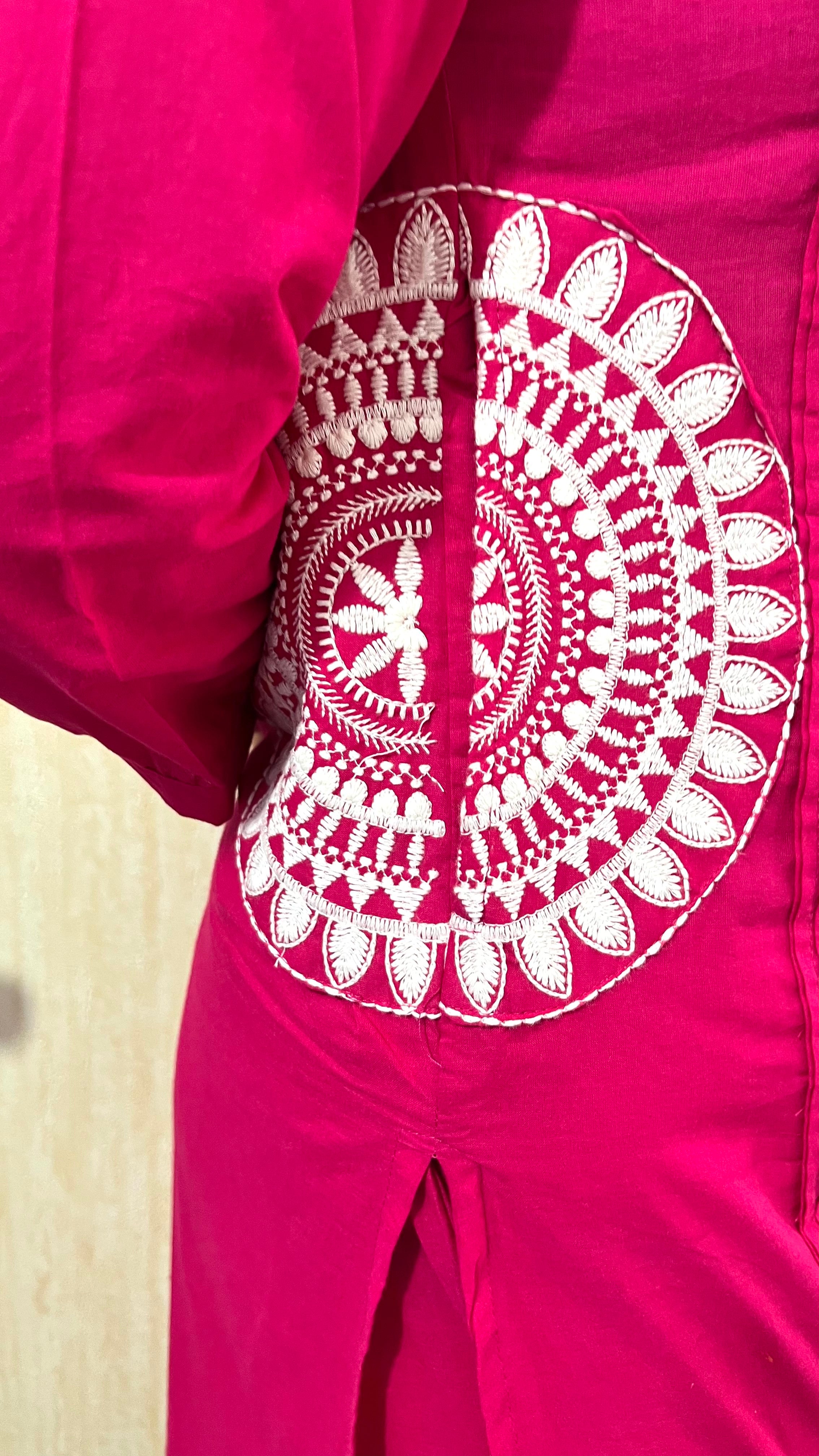 MUMZHUG Fuchsia Bloom Pure Cotton Feeding & Maternity Kurta Pant Set | Embroidered Nursing Kurta with Concealed Zippers | Soft & Breathable Cotton Co-ord Set