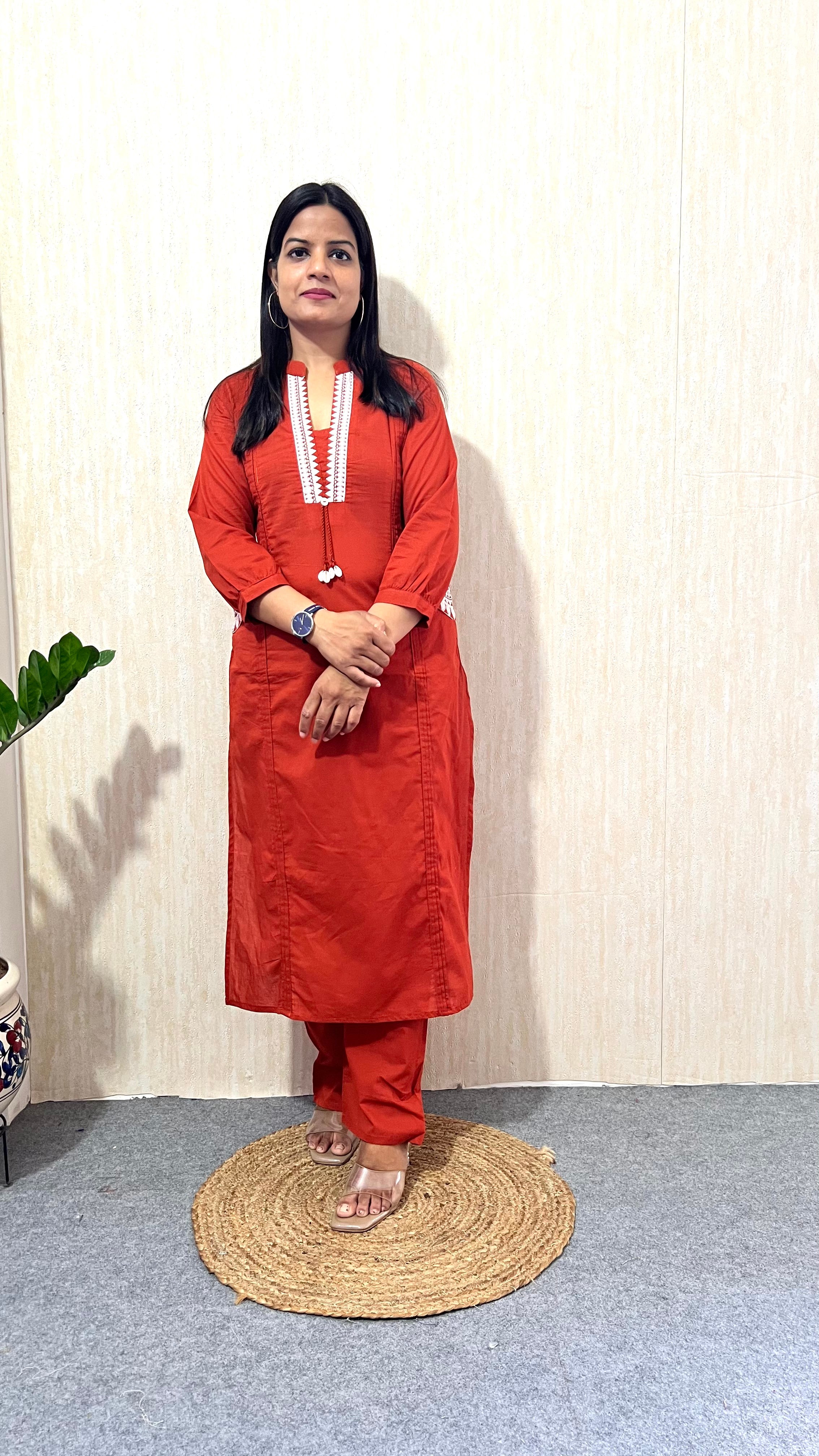 MUMZHUG Rust Elegance Pure Cotton Feeding & Maternity Kurta Pant Set | Embroidered Nursing Kurta with Concealed Zippers | Soft & Breathable Cotton Co-ord Set