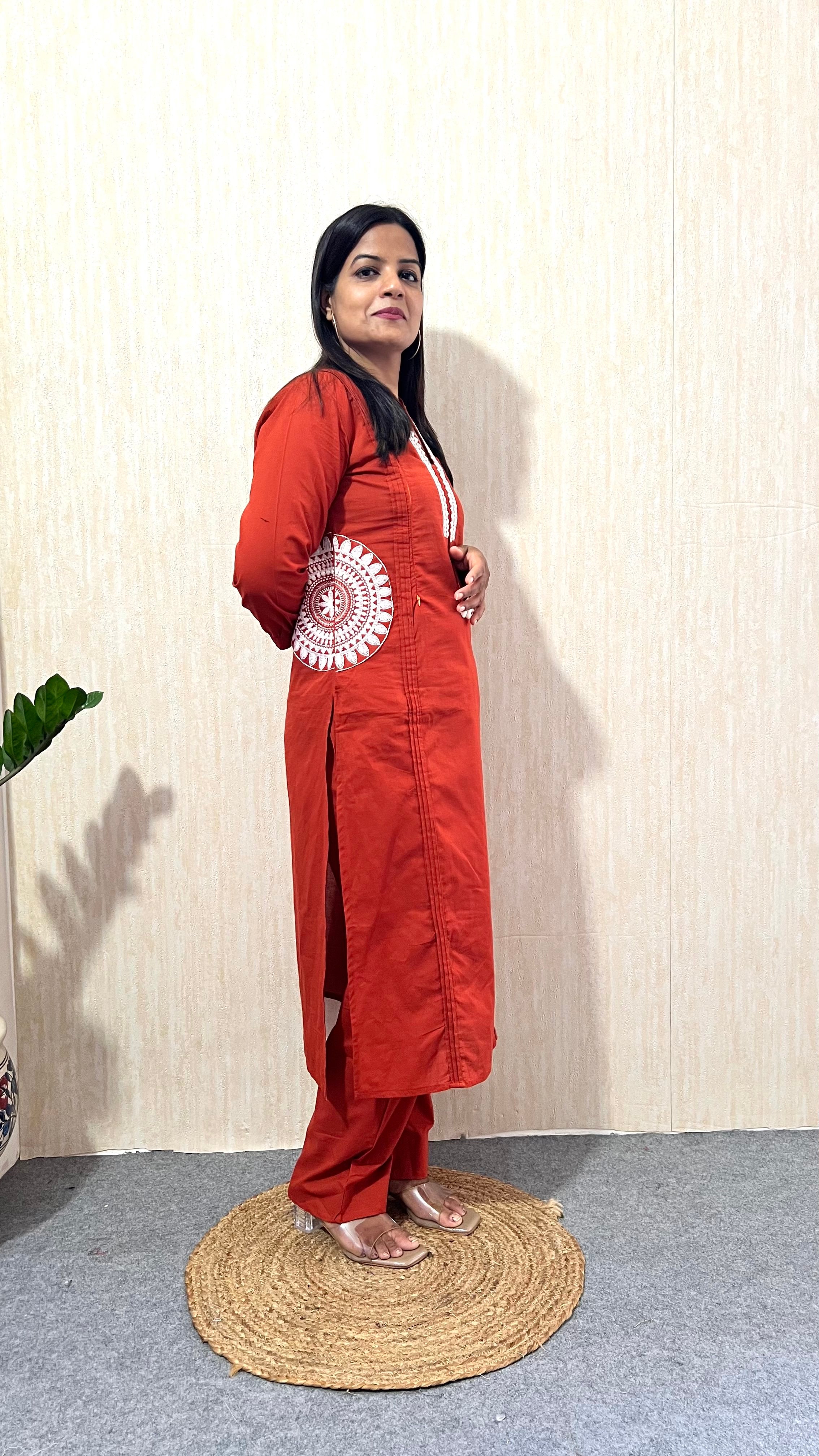 MUMZHUG Rust Elegance Pure Cotton Feeding & Maternity Kurta Pant Set | Embroidered Nursing Kurta with Concealed Zippers | Soft & Breathable Cotton Co-ord Set