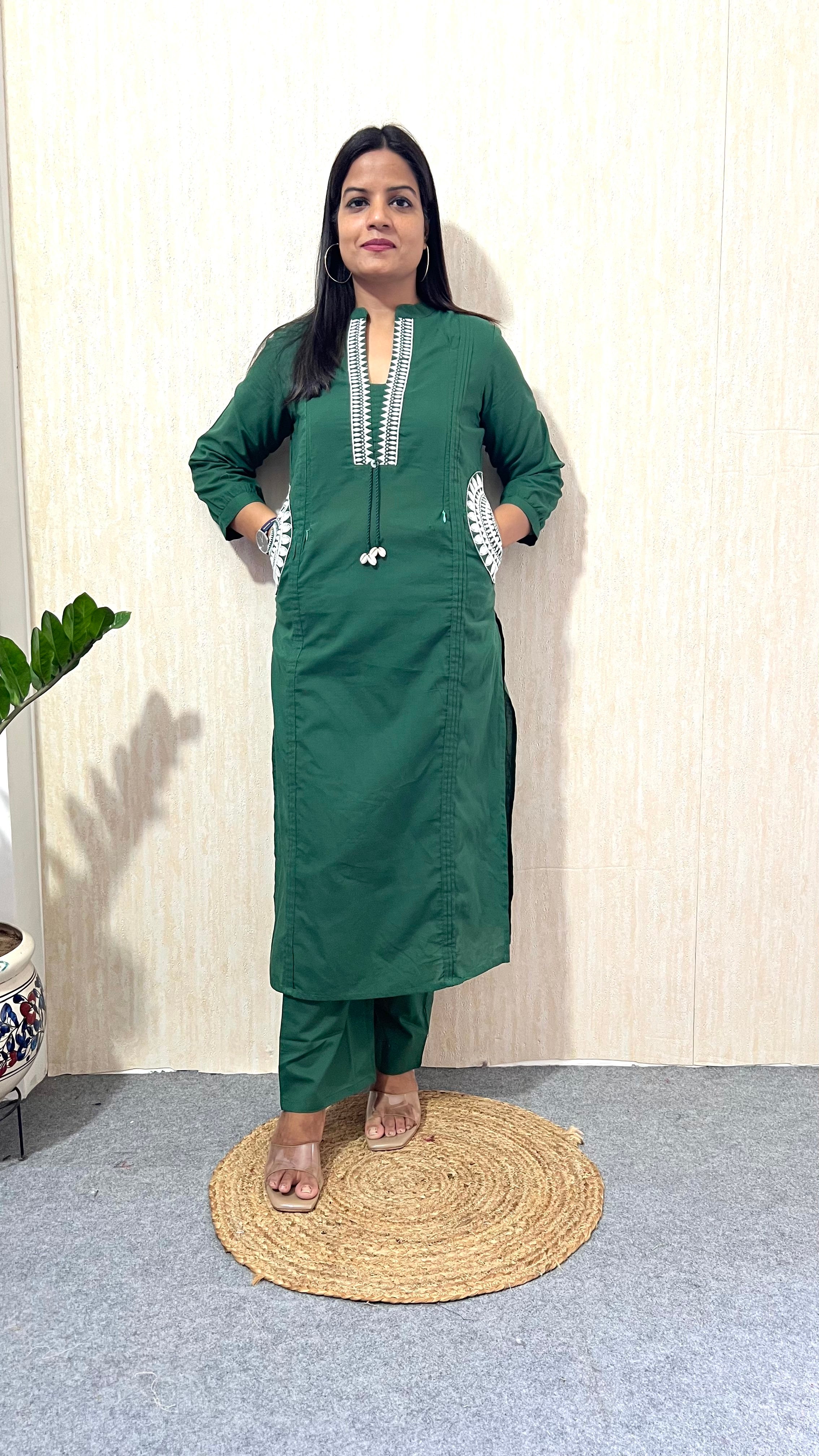 MUMZHUG Emerald Grace Pure Cotton Bottle Green Embroidered Feeding & Maternity Kurta Pant Set | Nursing Kurta with Concealed Zippers | Soft & Breathable Cotton Co-ord Set