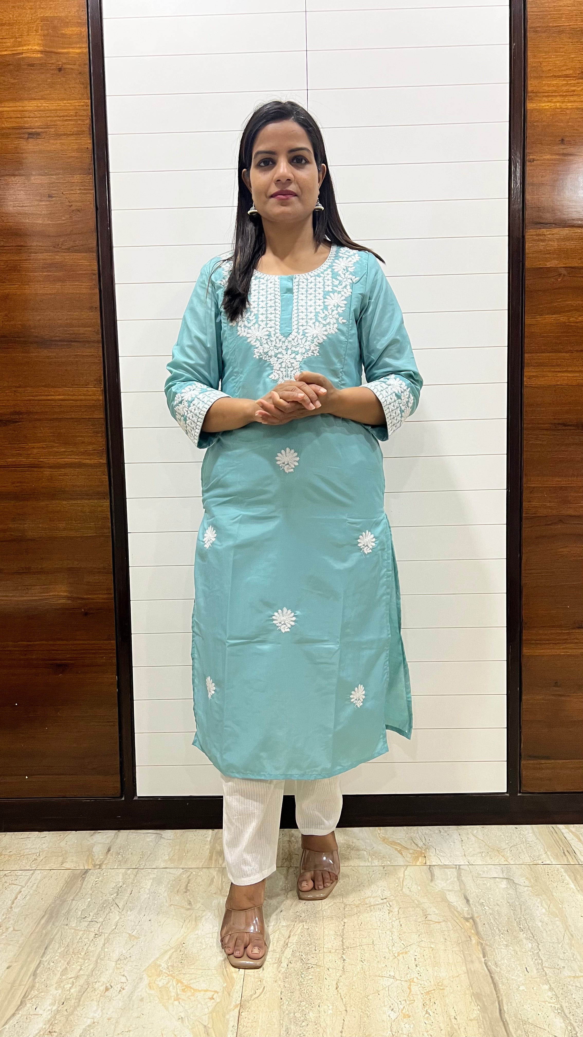 MUMZHUG Roman Silk Embroidered Feeding Kurta with Attached Lining – Sky Blue Maternity & Nursing Kurta for Women