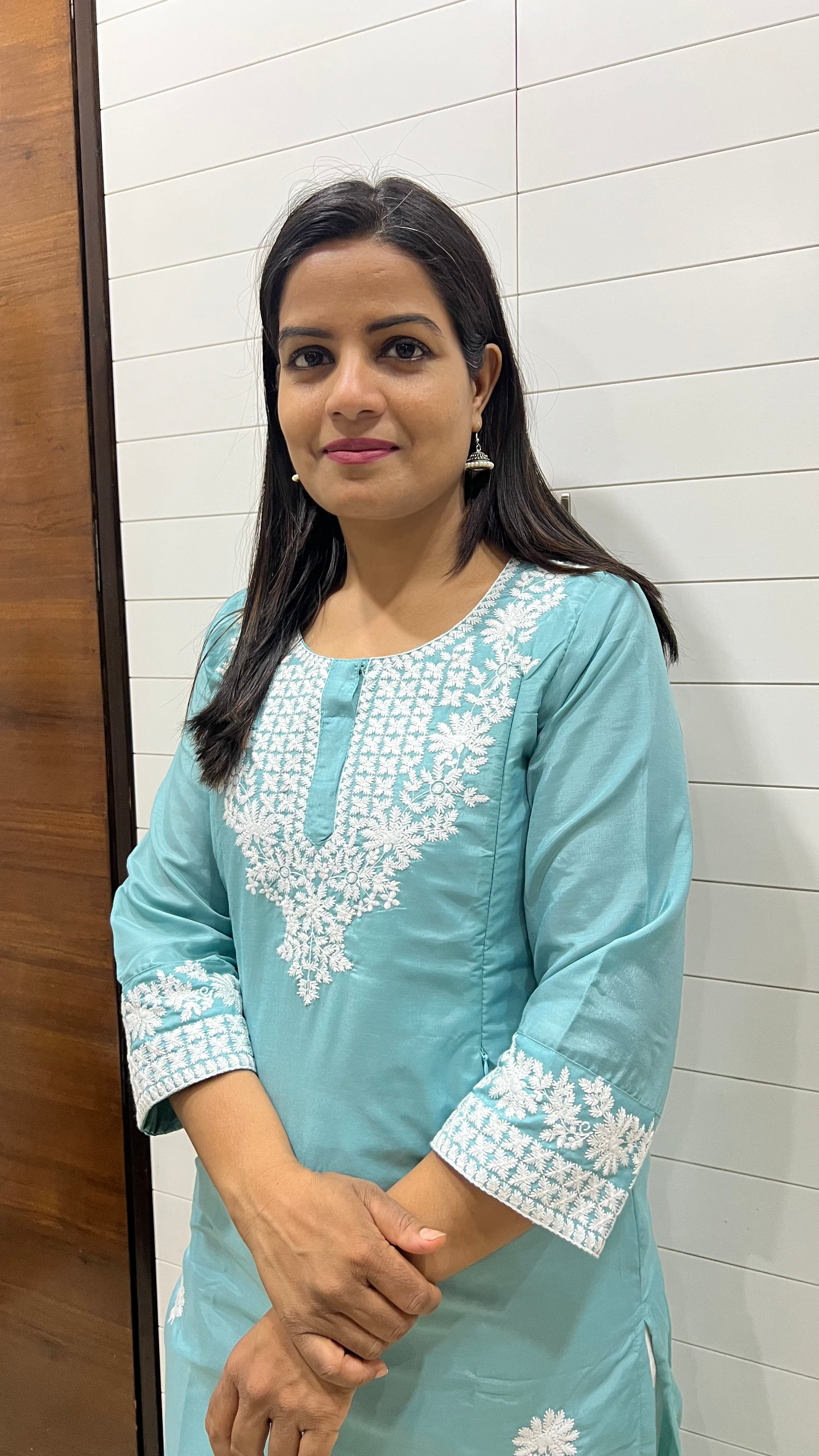 MUMZHUG Roman Silk Embroidered Feeding Kurta with Attached Lining – Sky Blue Maternity & Nursing Kurta for Women