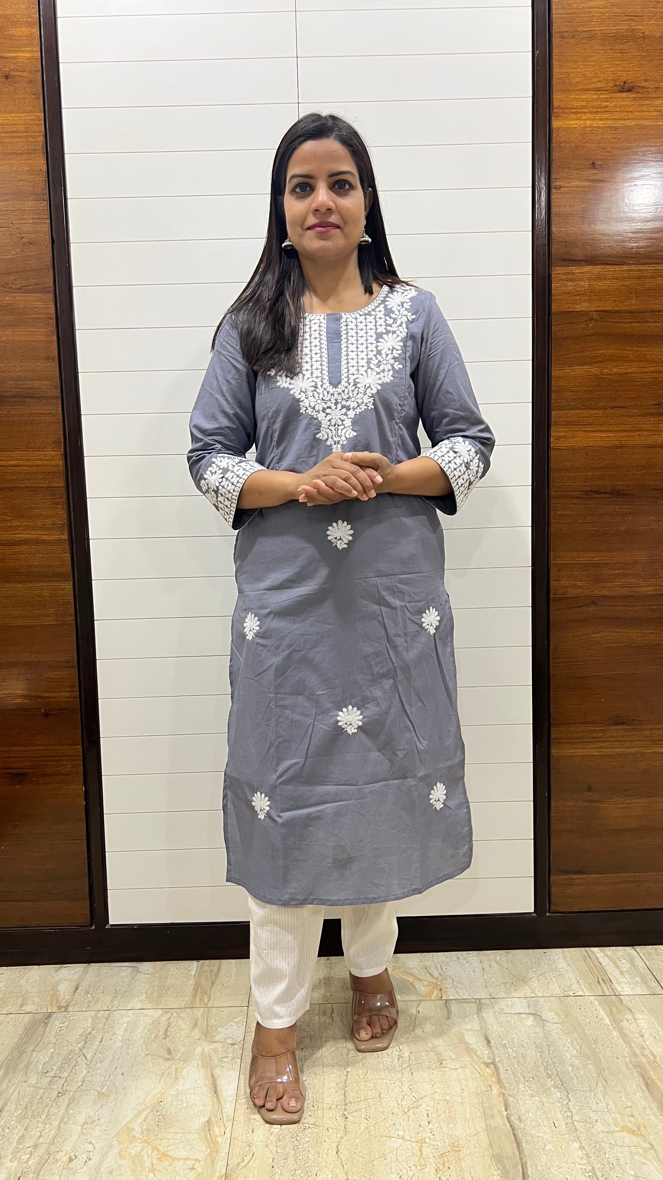 MUMZHUG Grey Pure Cotton Embroidered Feeding Kurta with Attached Lining – Maternity & Nursing Kurta for Women