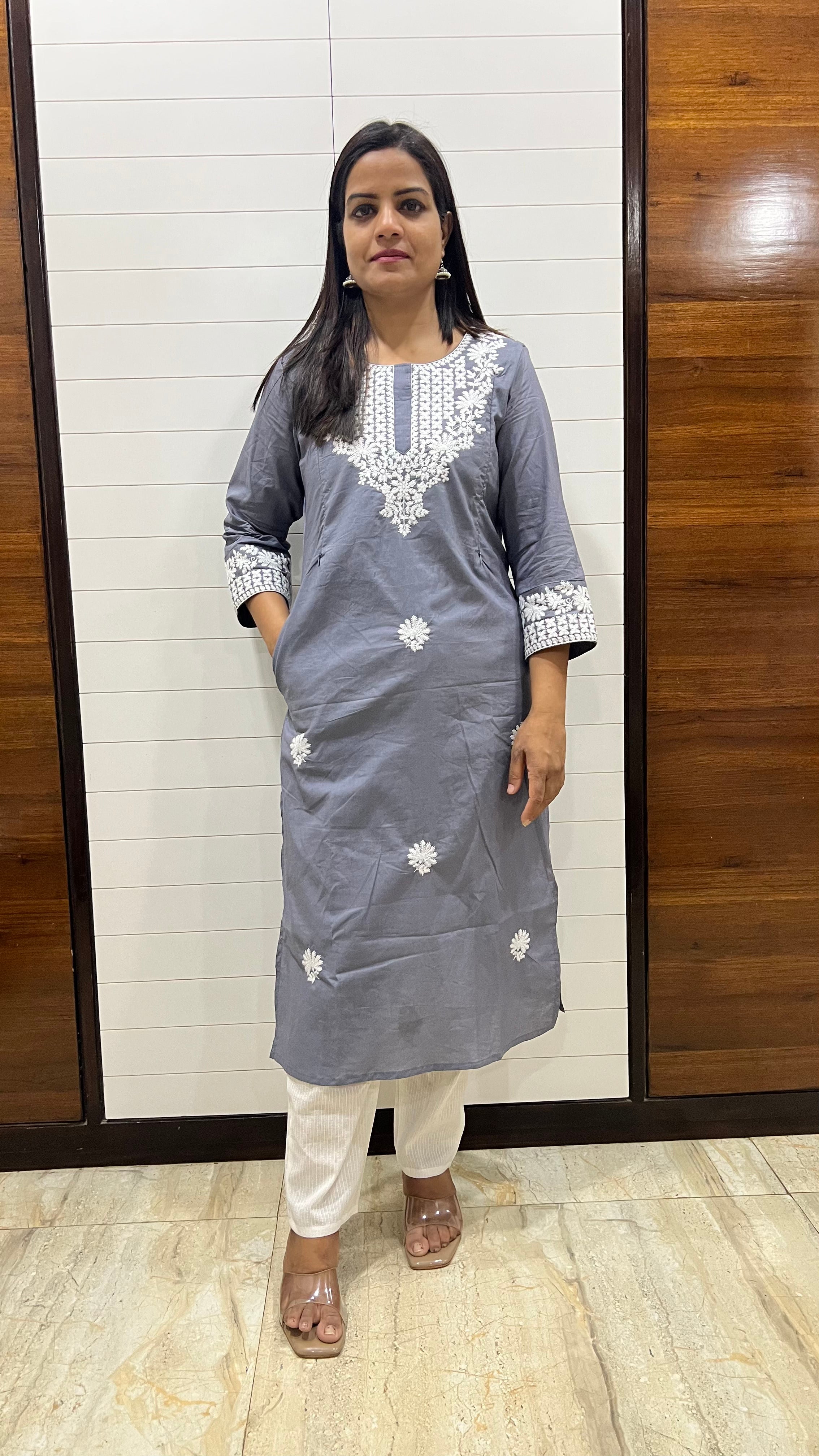 MUMZHUG Grey Pure Cotton Embroidered Feeding Kurta with Attached Lining – Maternity & Nursing Kurta for Women