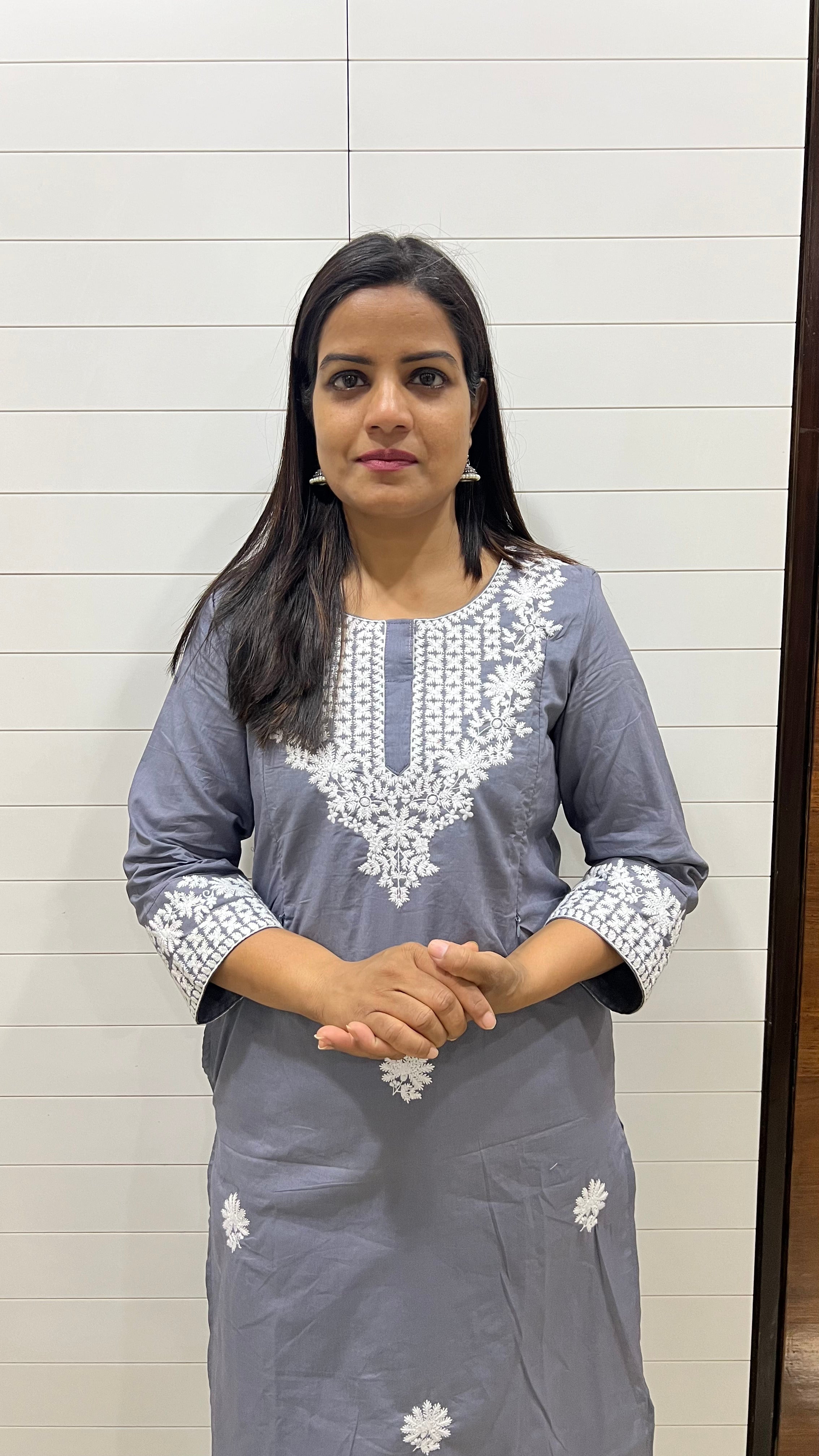 MUMZHUG Grey Pure Cotton Embroidered Feeding Kurta with Attached Lining – Maternity & Nursing Kurta for Women