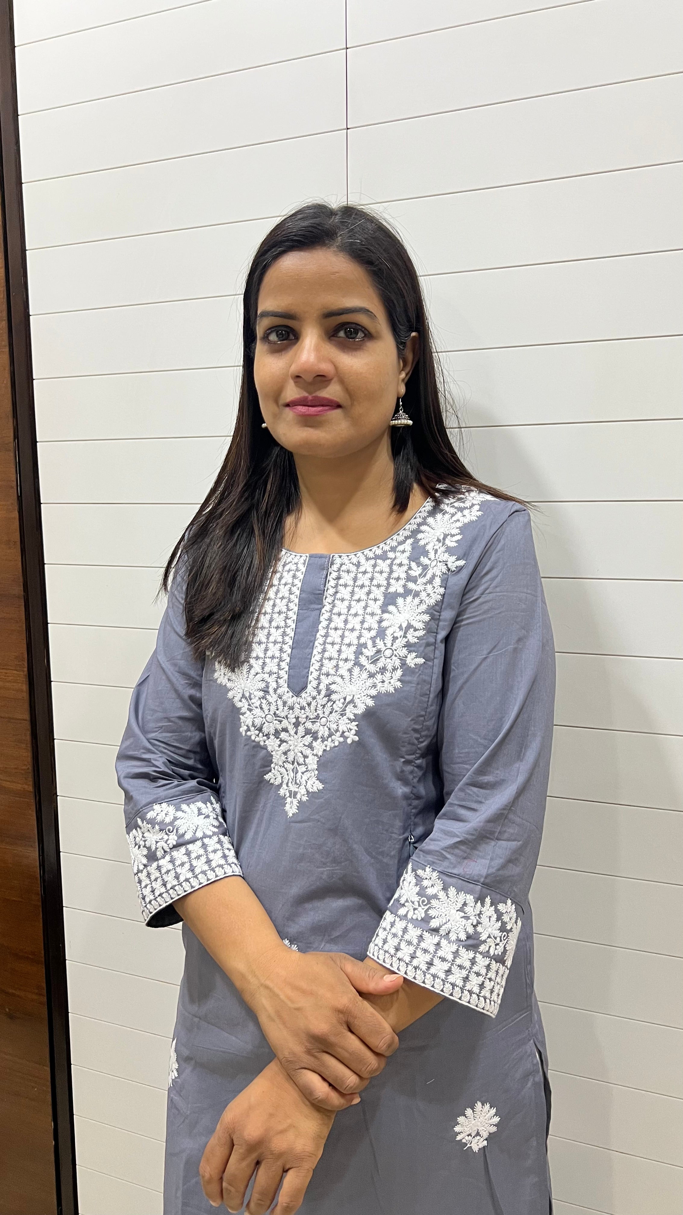 MUMZHUG Grey Pure Cotton Embroidered Feeding Kurta with Attached Lining – Maternity & Nursing Kurta for Women