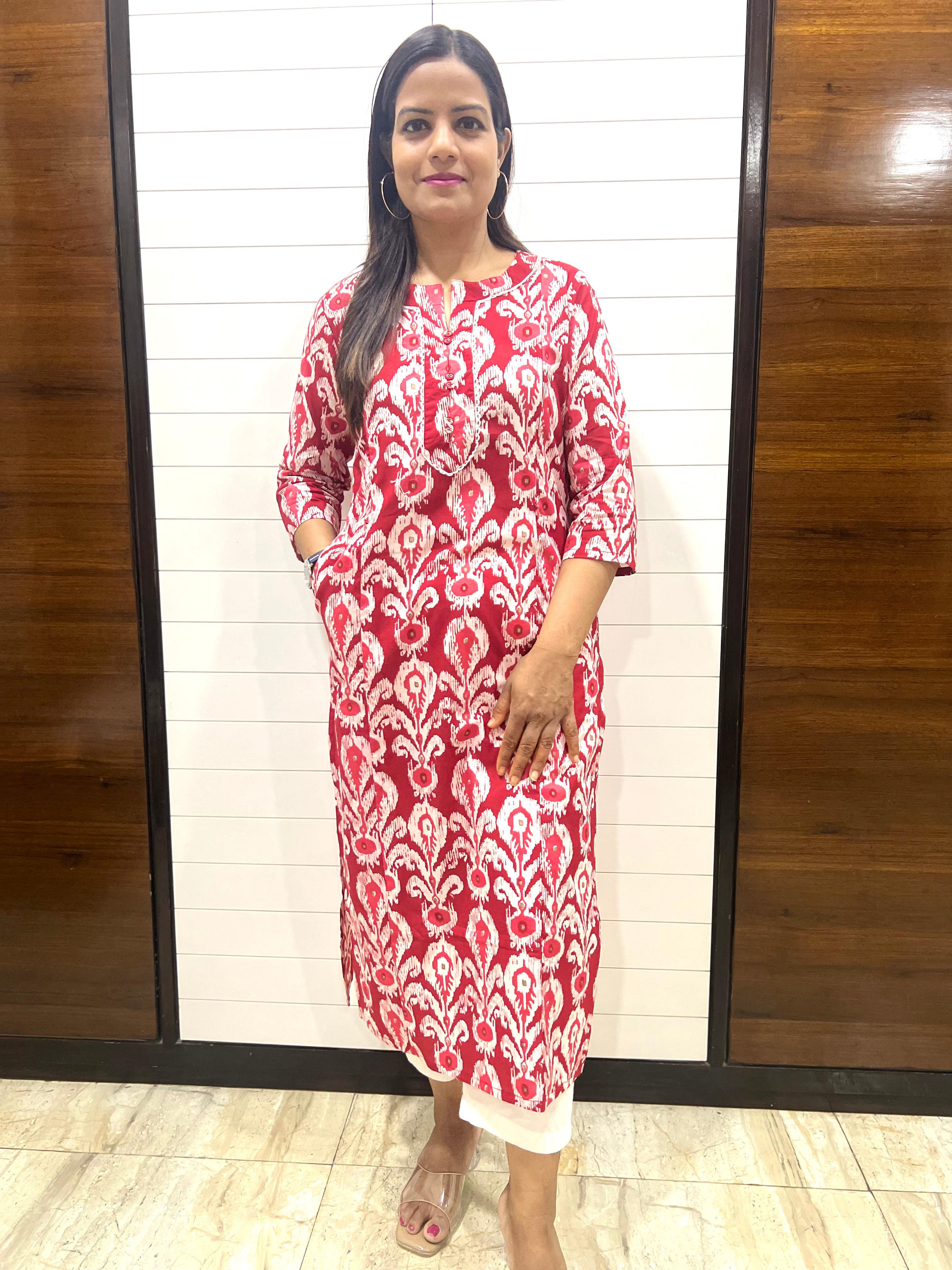 Mumzhug Red Colored Ikkat Print Pure Cotton Feeding Kurta