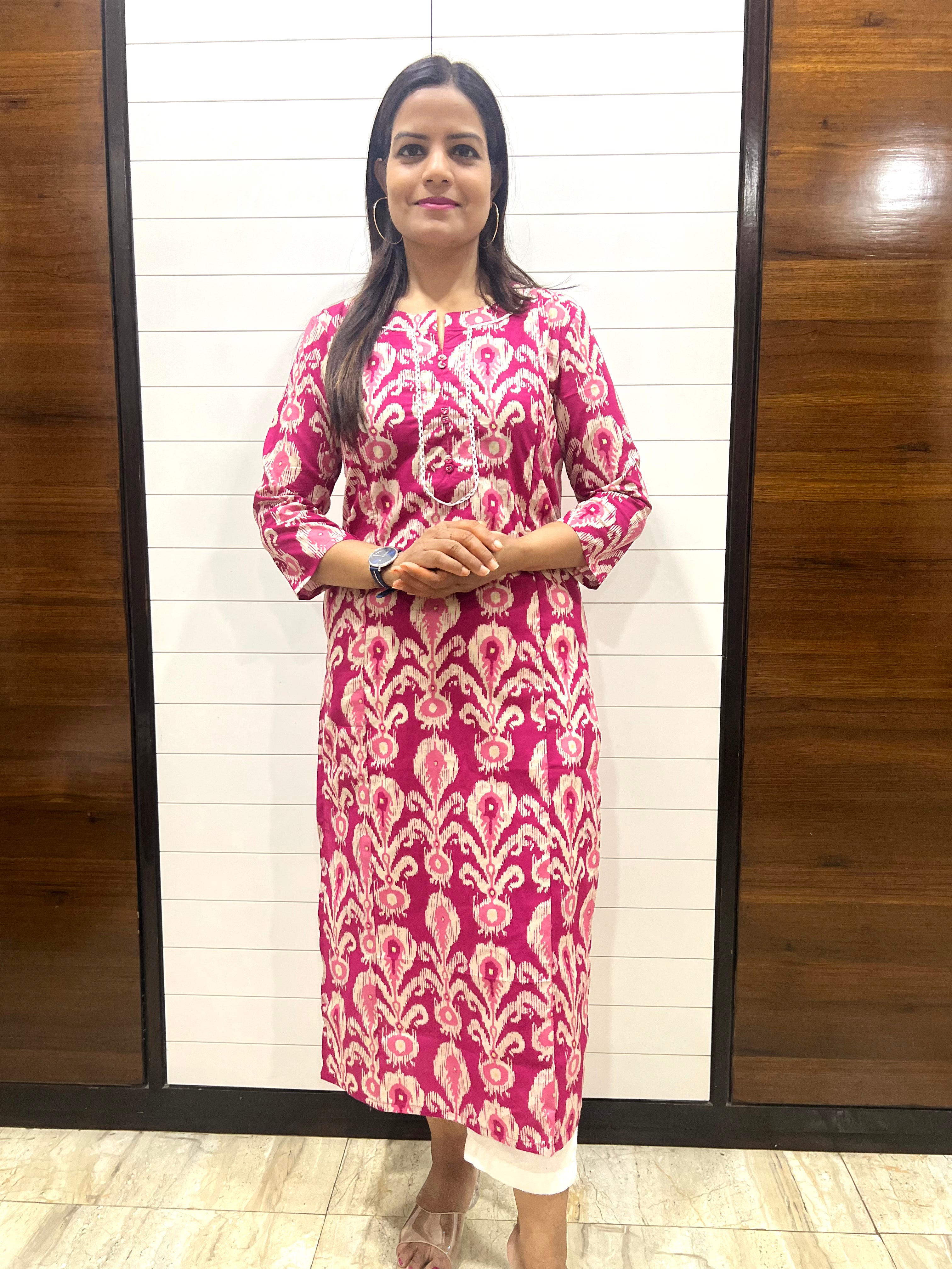 Mumzhug Pink Colored Ikkat Print Pure Cotton Feeding Kurta