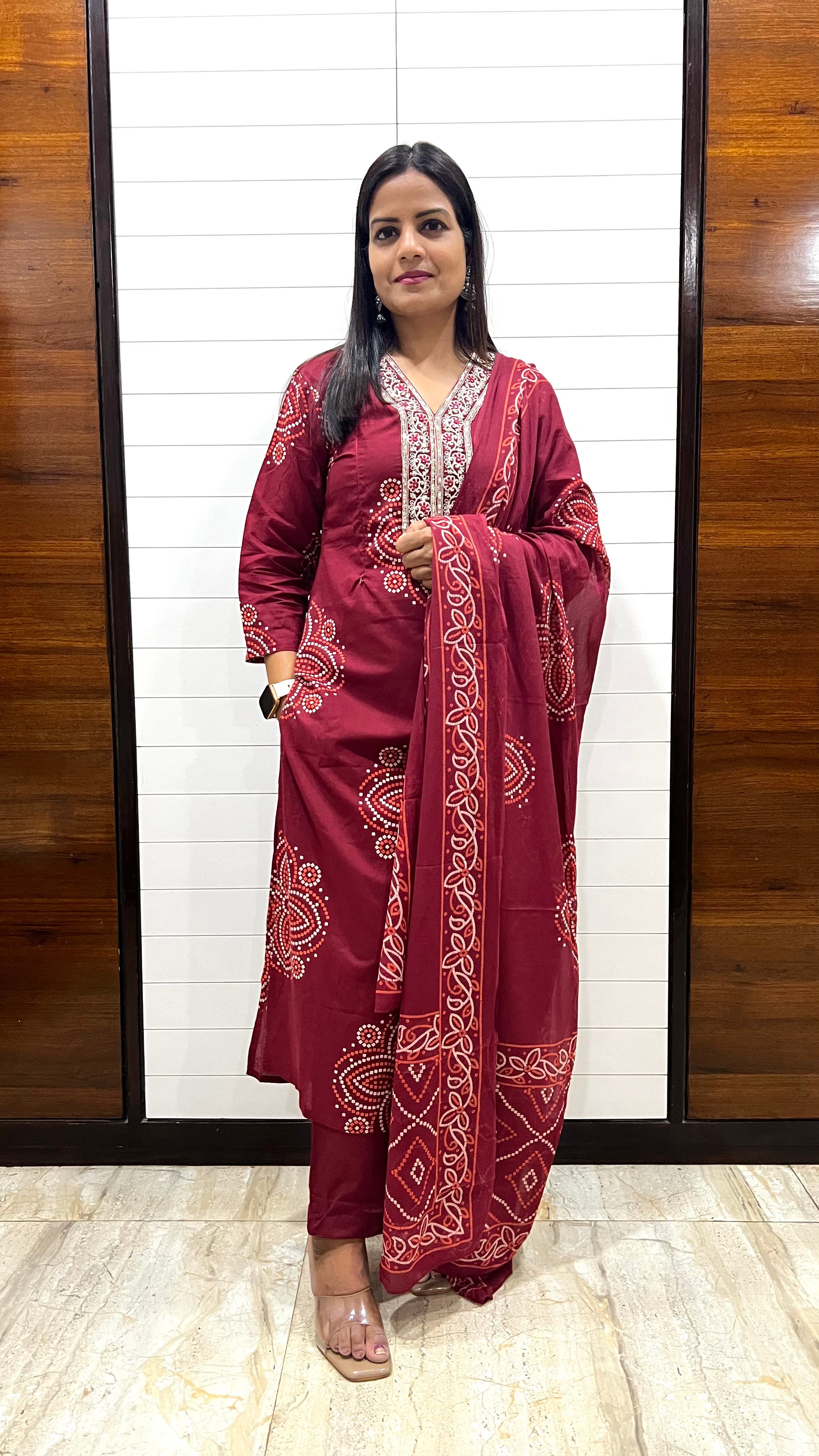 MUMZHUG Pure Cotton Maroon Bandhej Print Feeding Embroidered Kurta Pant with Dupatta Set | Stylish Maternity & Nursing Ethnic Wear for Women