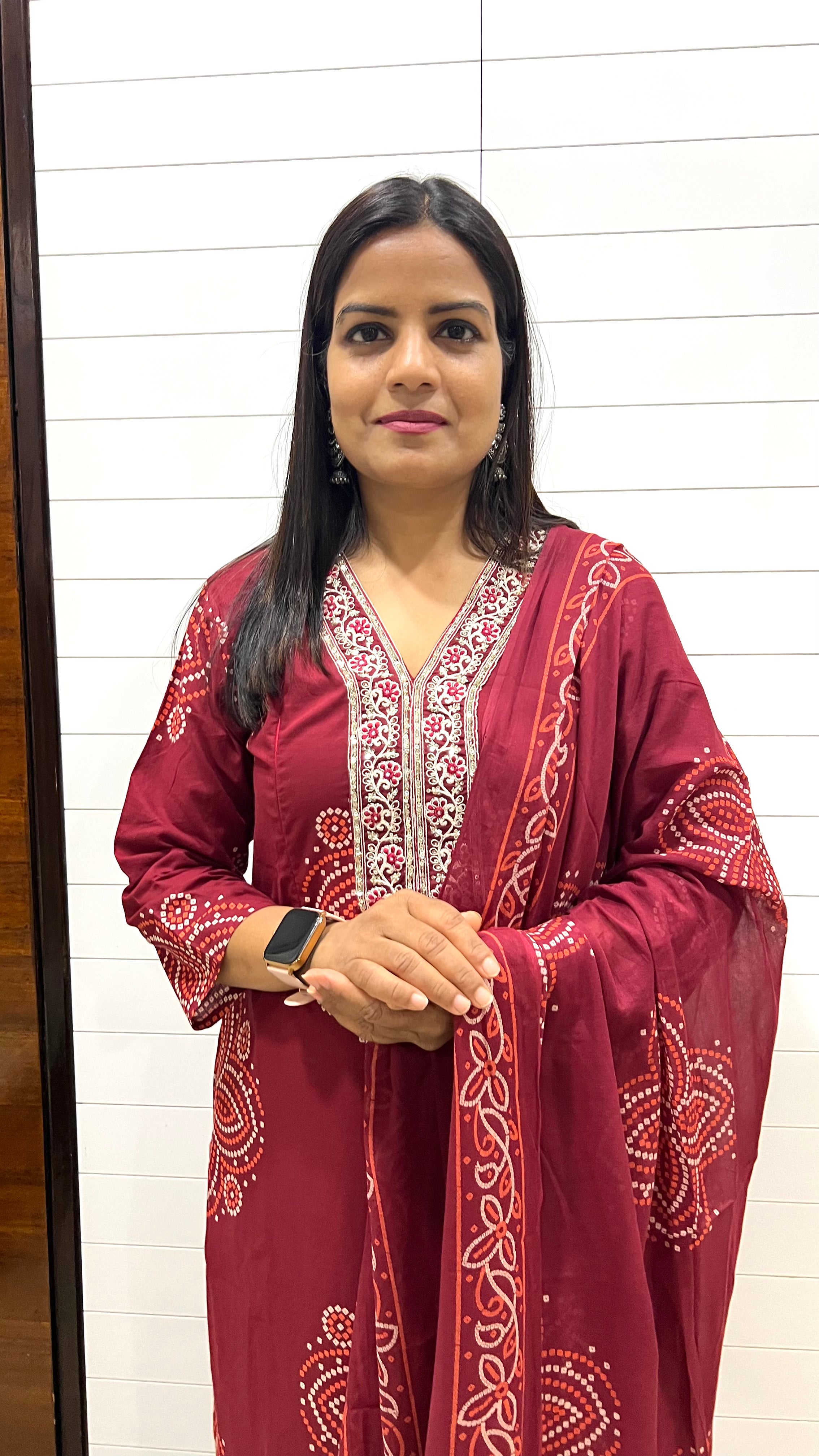 MUMZHUG Pure Cotton Maroon Bandhej Print Feeding Embroidered Kurta Pant with Dupatta Set | Stylish Maternity & Nursing Ethnic Wear for Women