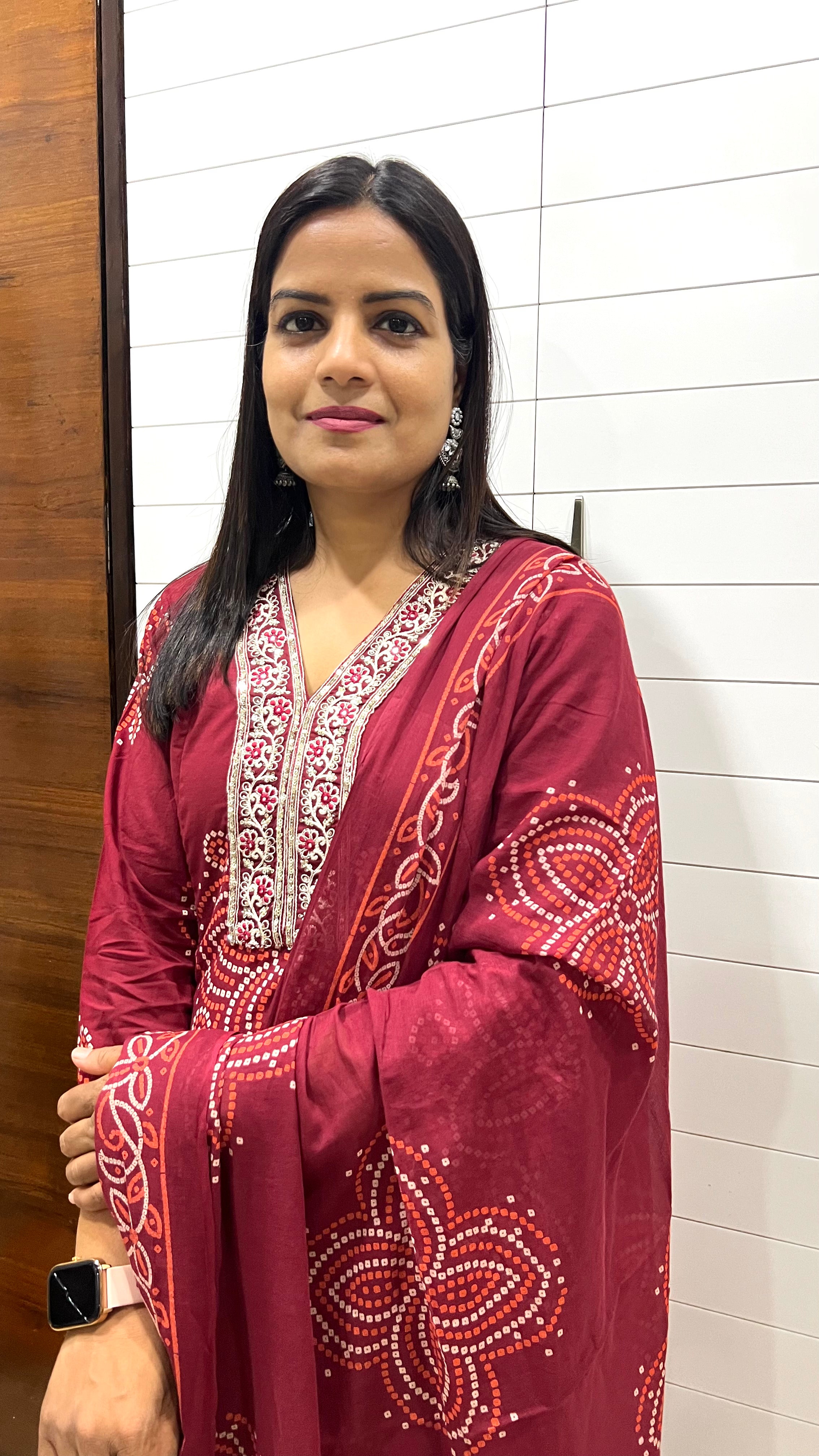 MUMZHUG Pure Cotton Maroon Bandhej Print Feeding Embroidered Kurta Pant with Dupatta Set | Stylish Maternity & Nursing Ethnic Wear for Women