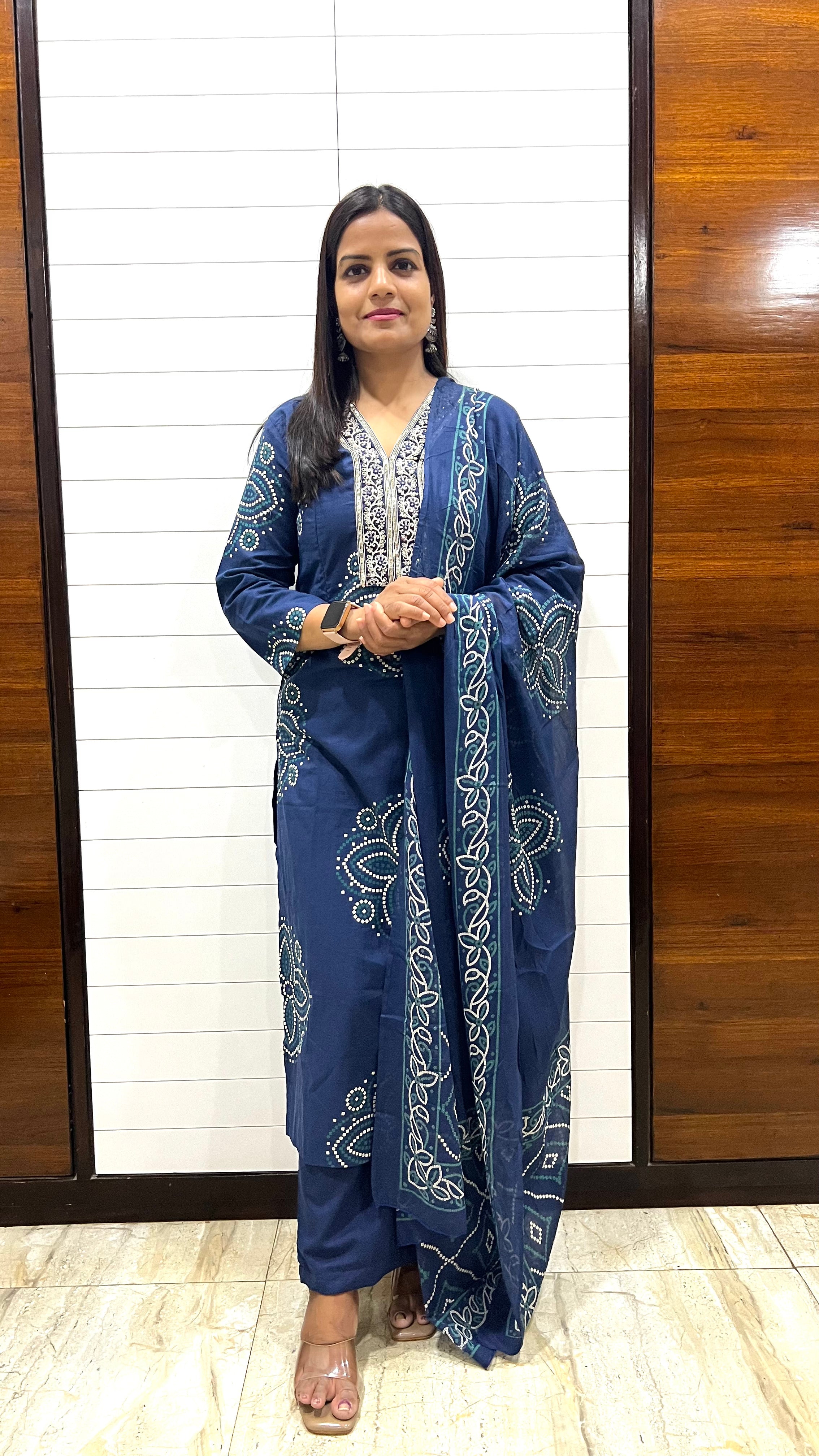 MUMZHUG Pure Cotton Blue Bandhej Print Feeding Embroidered Kurta Pant with Dupatta Set | Maternity & Nursing Ethnic Wear for Women