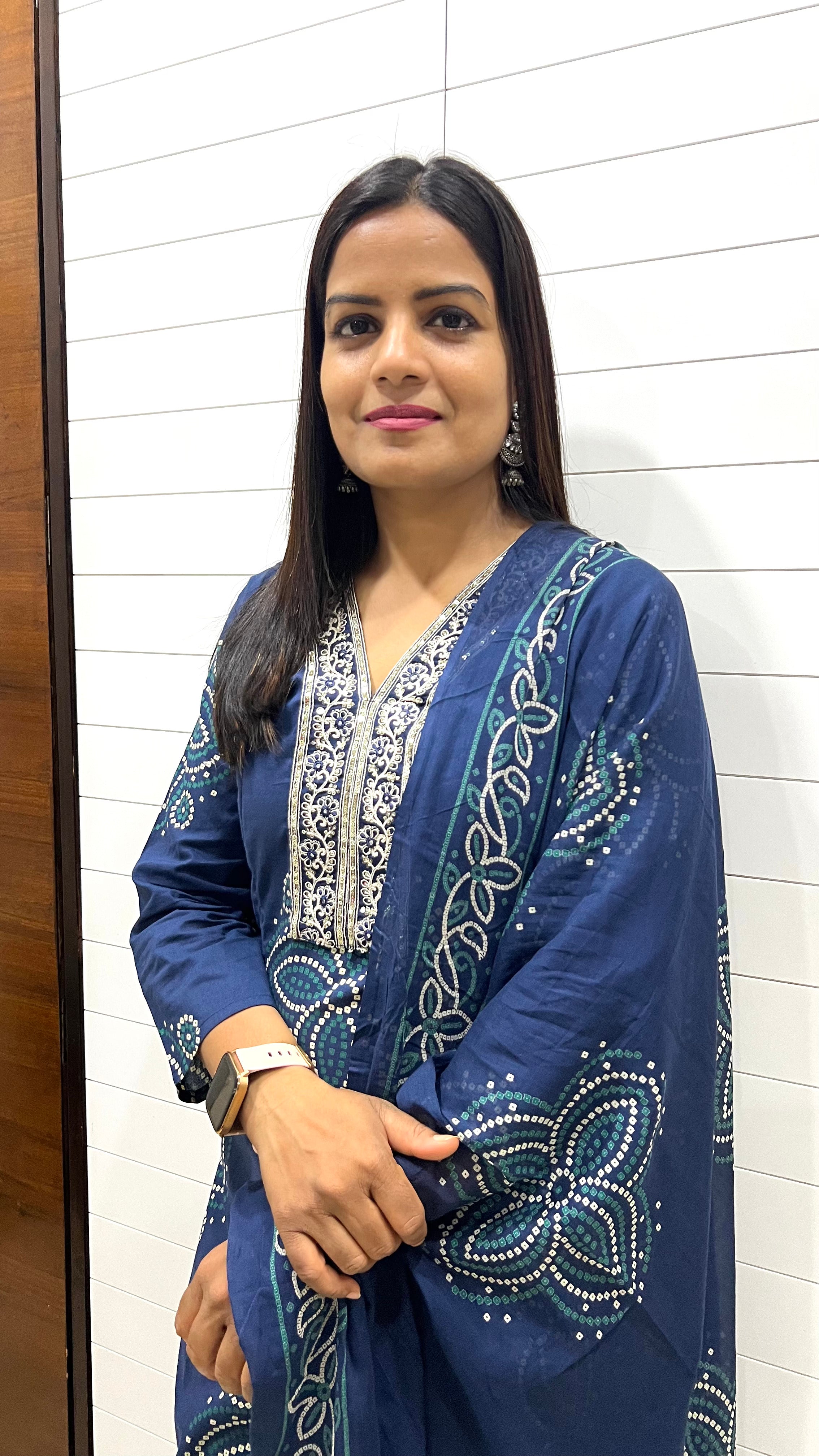 MUMZHUG Pure Cotton Blue Bandhej Print Feeding Embroidered Kurta Pant with Dupatta Set | Maternity & Nursing Ethnic Wear for Women