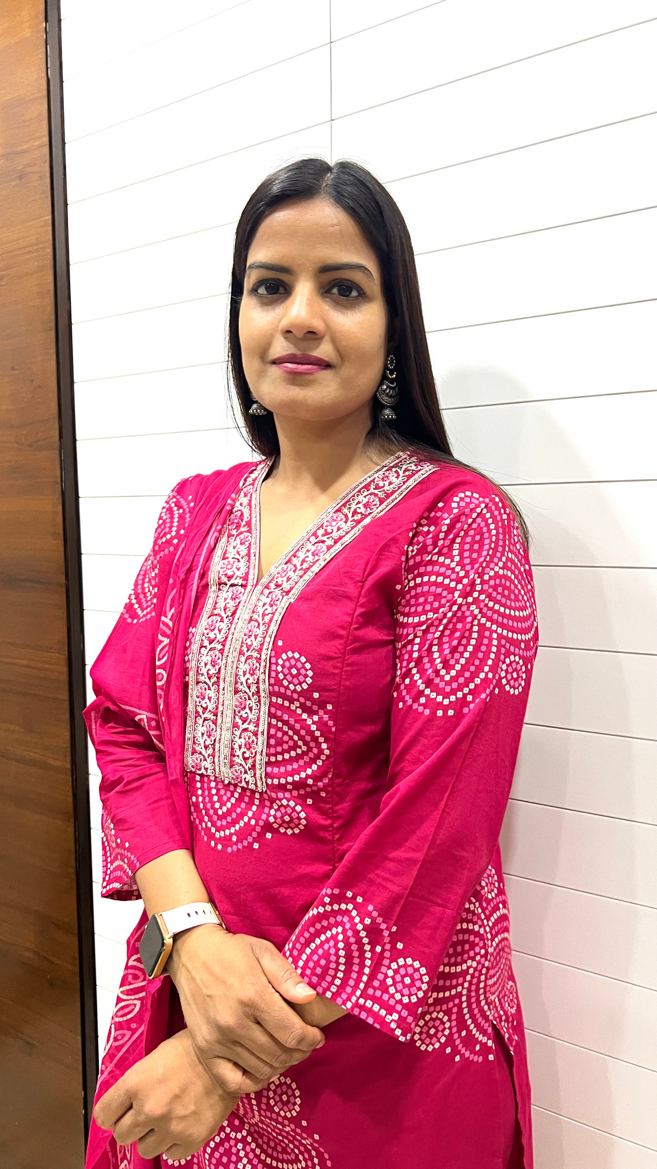 MUMZHUG Pure Cotton Fuchsia Bandhej Print Feeding Embroidered Kurta Pant with Dupatta Set | Maternity & Nursing Ethnic Wear for Women