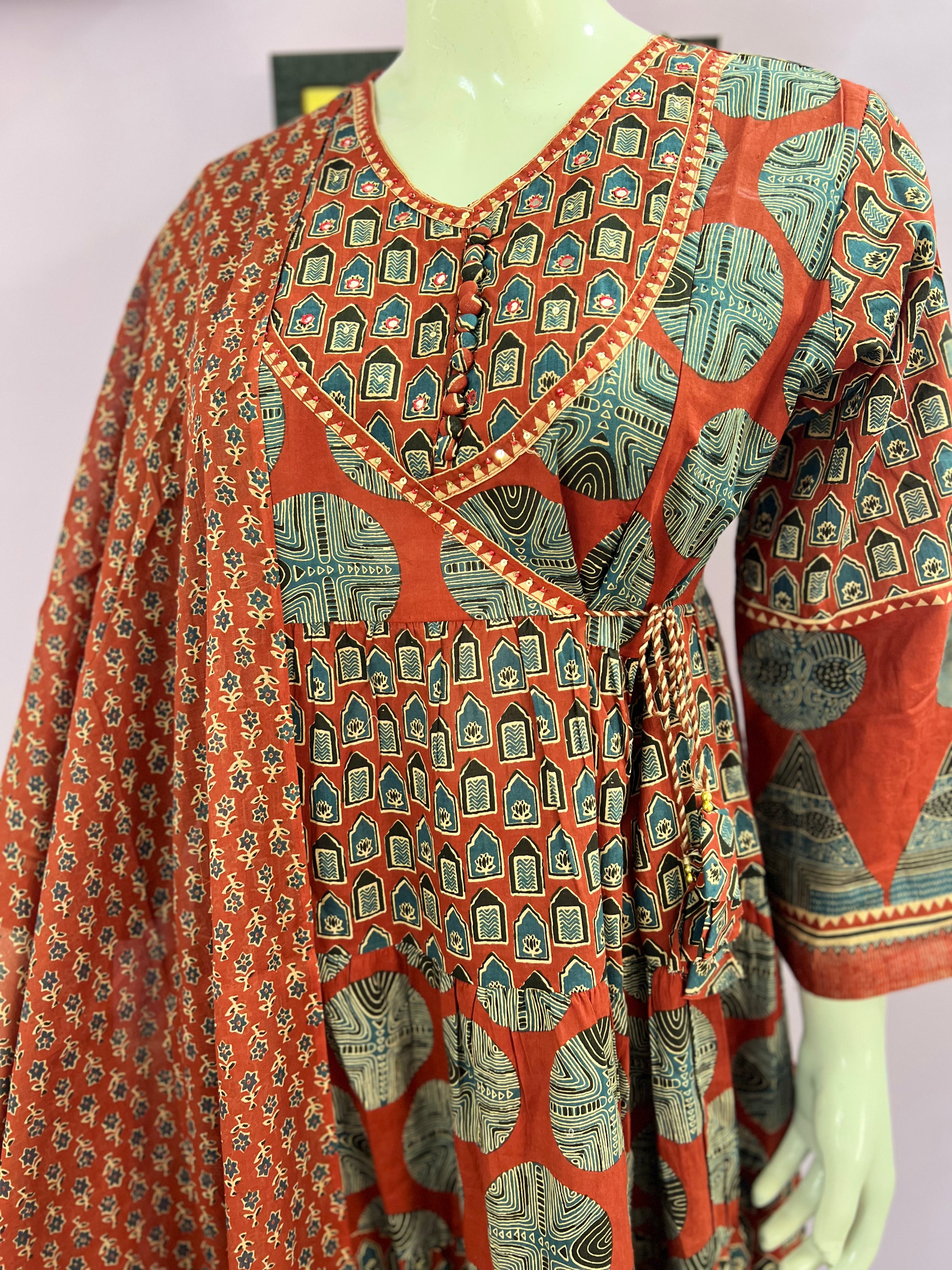 Pure Cotton Flared Anarkali With Pant and Dupatta for Feeding and Maternity Purpose