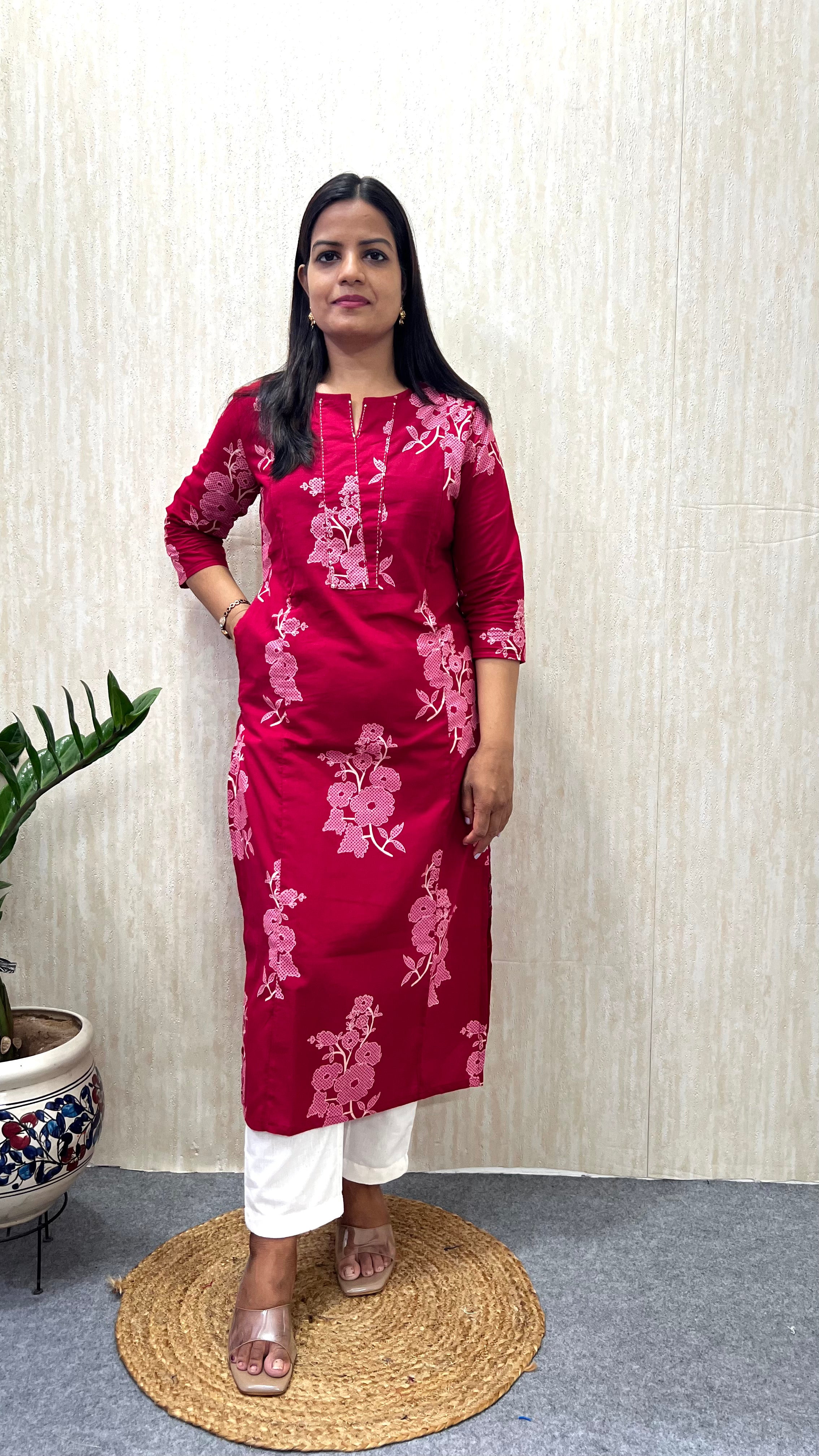 MUMZHUG Pure Cotton Jaipuri Print Feeding Kurta – Tomato Red Floral | Maternity & Nursing Wear