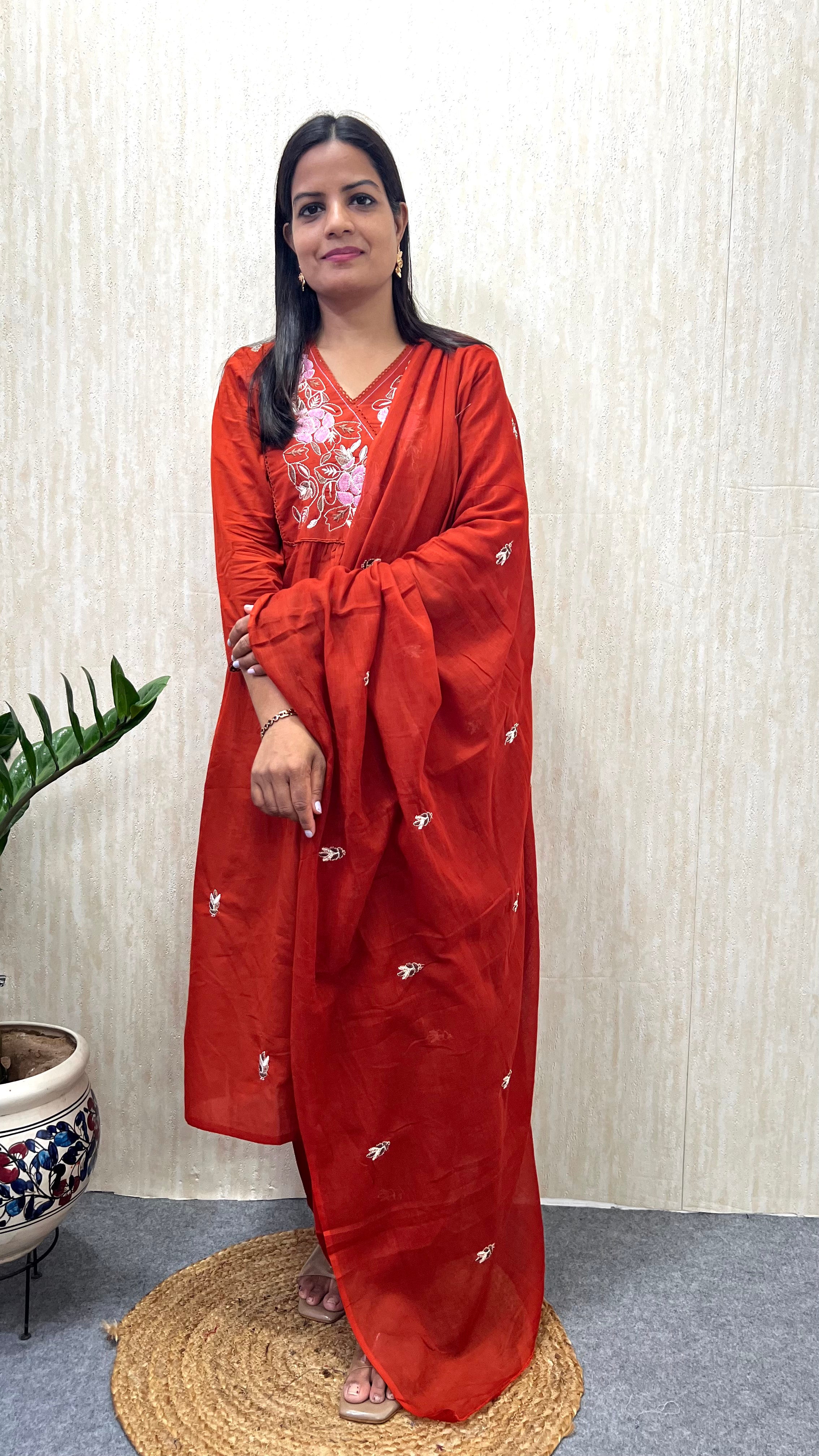 MUMZHUG Pure Cotton Rust Embroidered Feeding & Maternity Kurta Pant with Dupatta Set | Soft Cotton Nursing Wear