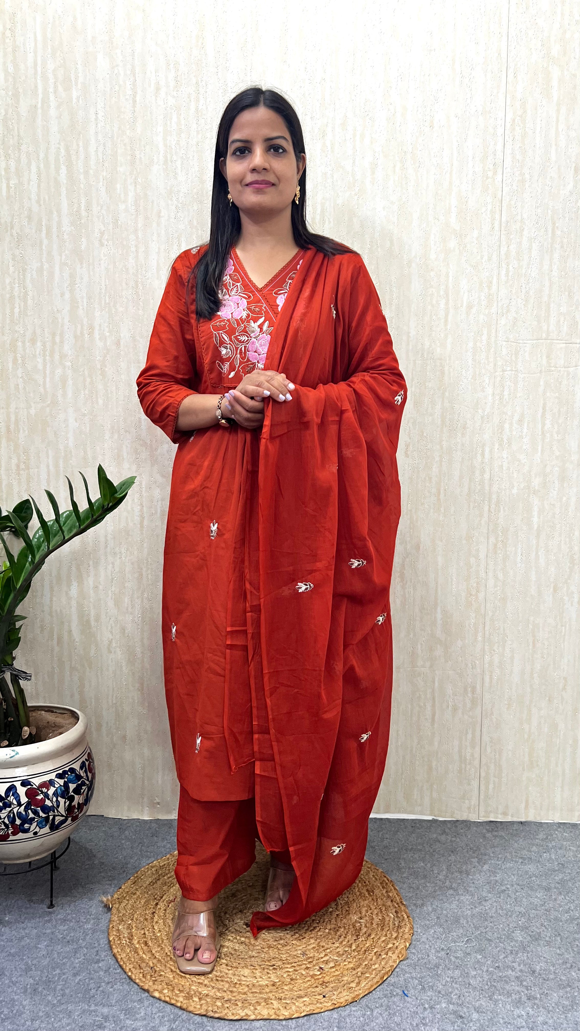 MUMZHUG Pure Cotton Rust Embroidered Feeding & Maternity Kurta Pant with Dupatta Set | Soft Cotton Nursing Wear