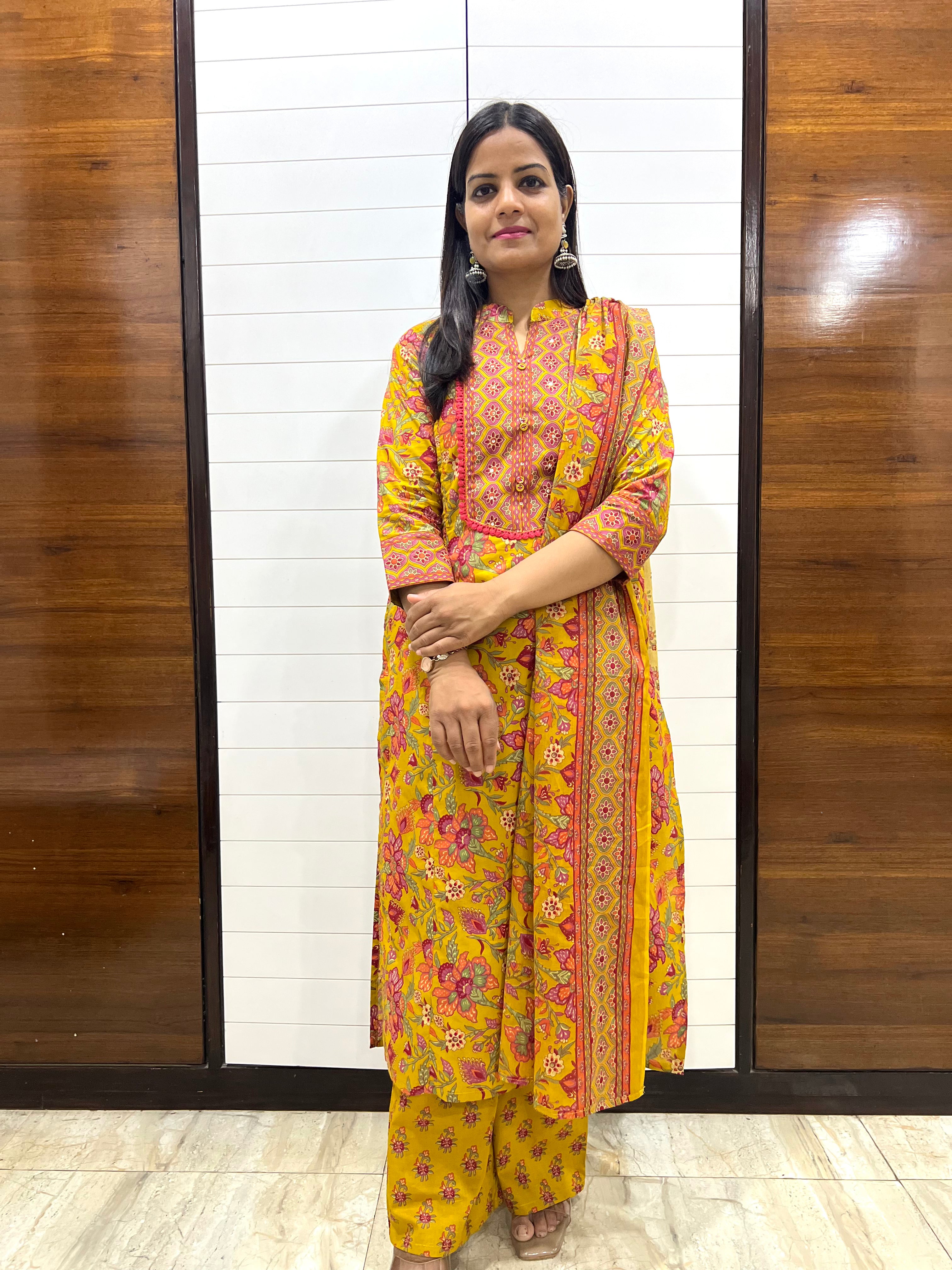 Mumzhug Surya Veda Pure Cotton Jaipuri Printed Feeding Kurta Pant with Dupatta Set β Mustard Yellow
