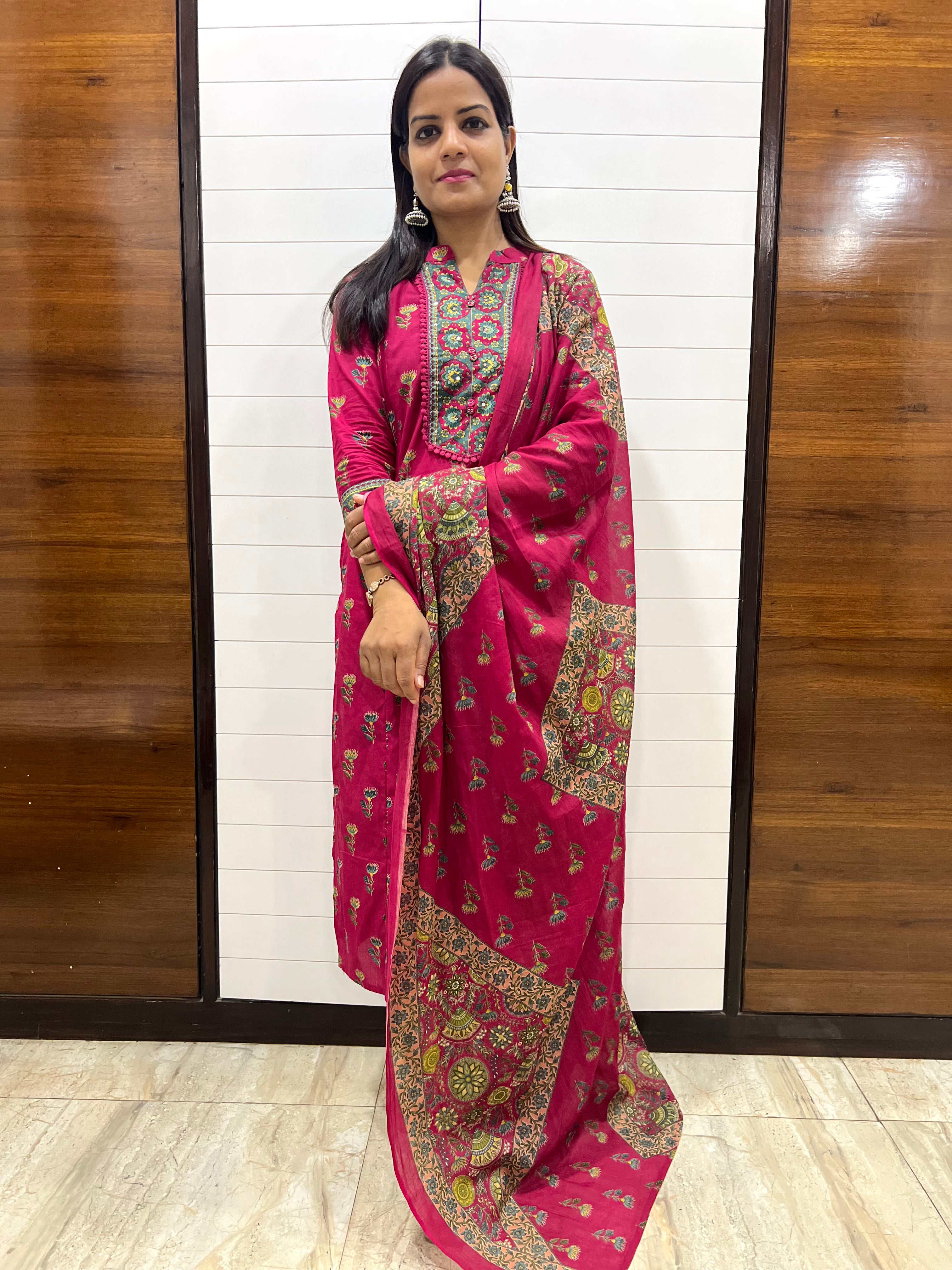Mumzhug Rani Vanya Pure Cotton Jaipuri Printed Feeding Kurta Pant with Dupatta Set β Fuchsia Pink