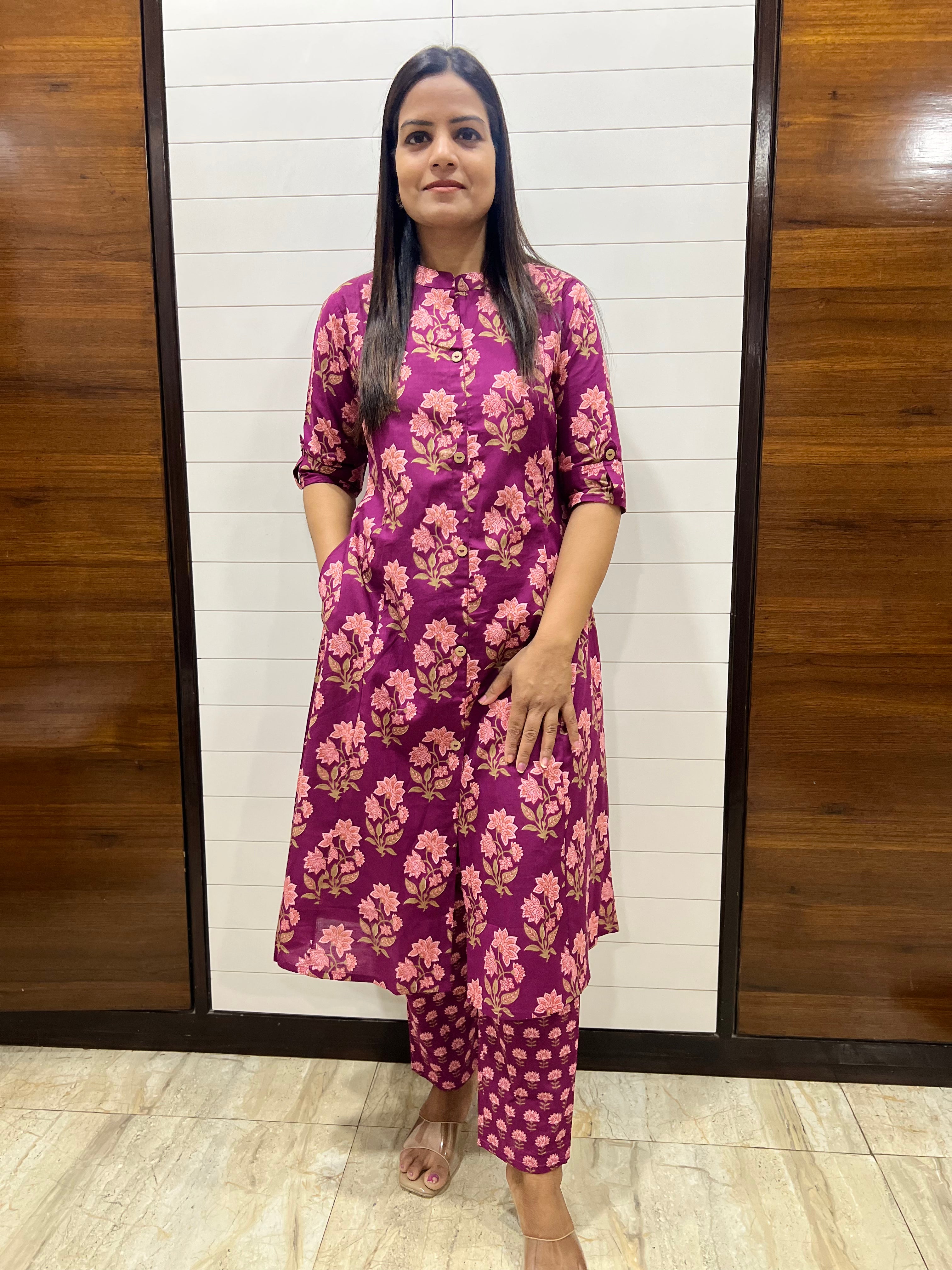 Lavendar Floral Pure Cotton Printed Feeding Kurta and Pant Set