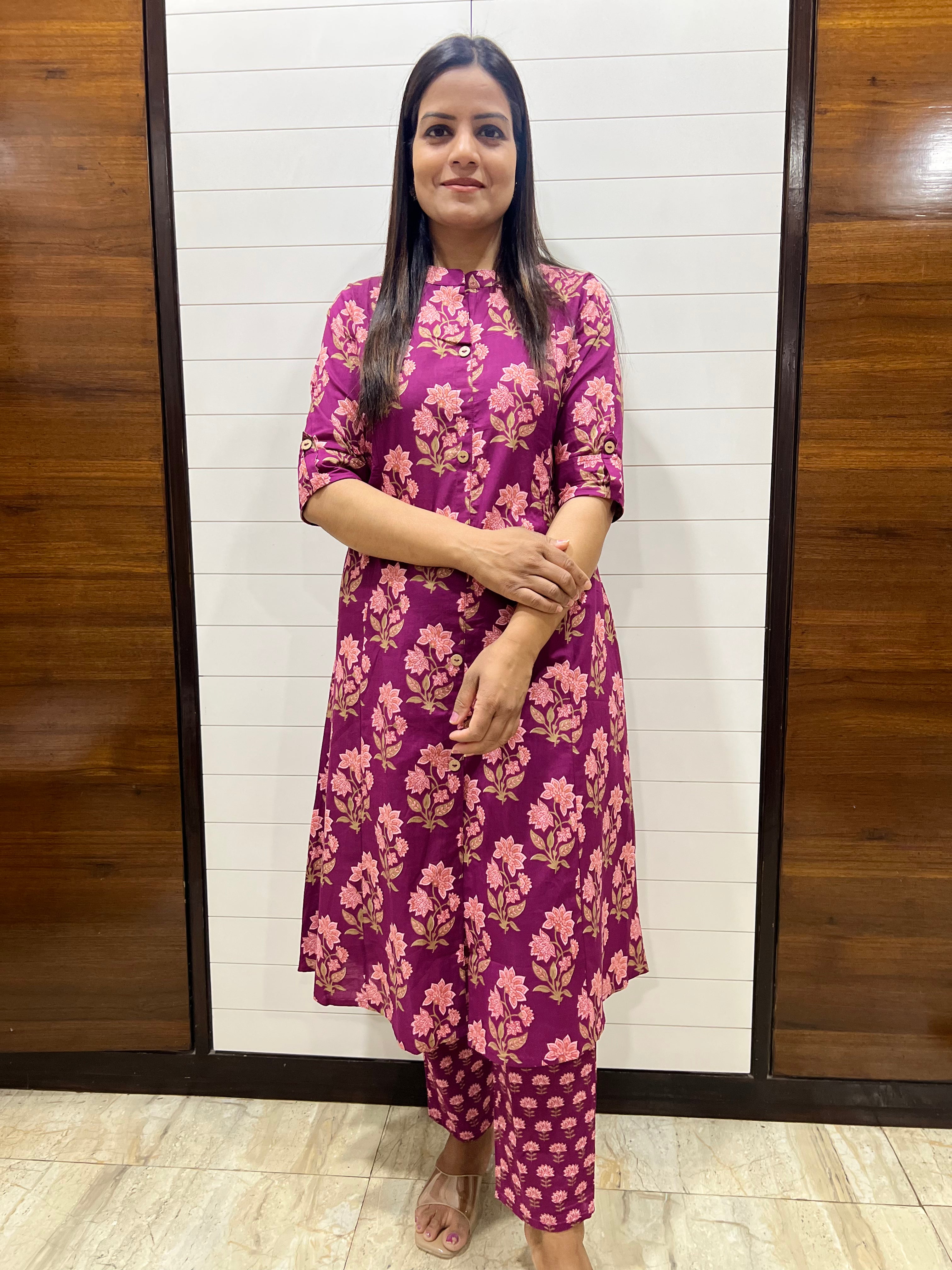 Lavendar Floral Pure Cotton Printed Feeding Kurta and Pant Set