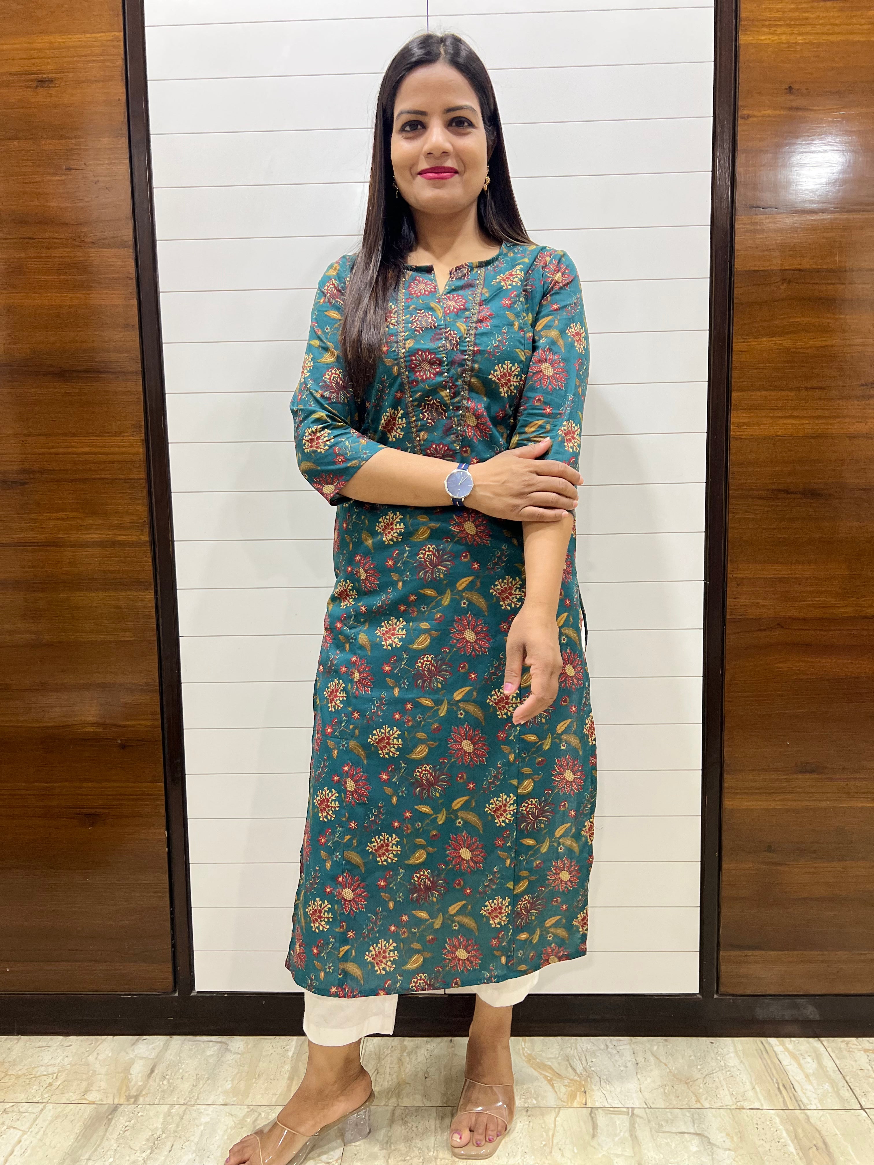 Mumzhug Pure Cotton Teal floral Colored Printed Feeding Kurta