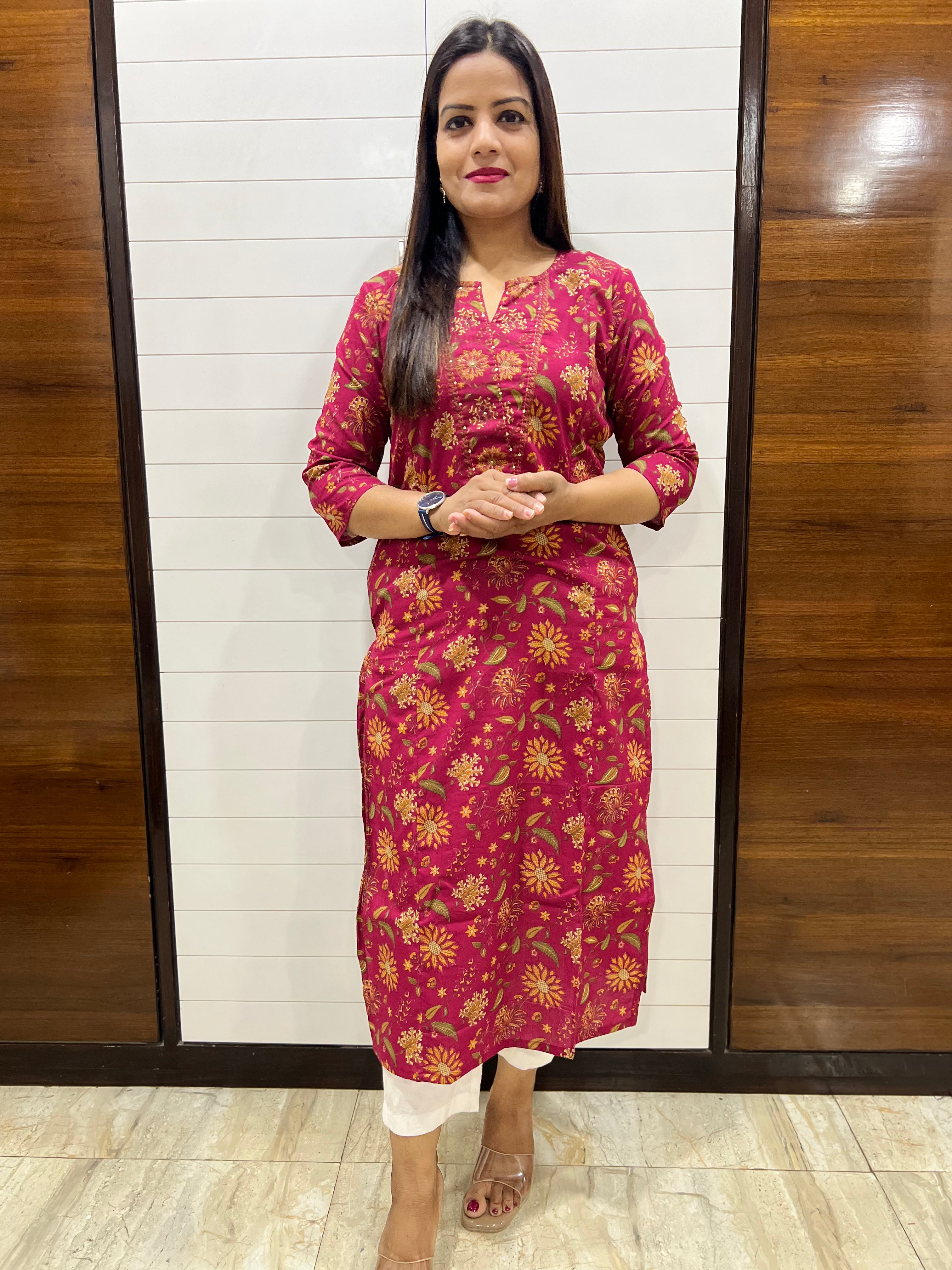 Mumzhug Pure Cotton Tomato Colored floral Colored Printed Feeding Kurta