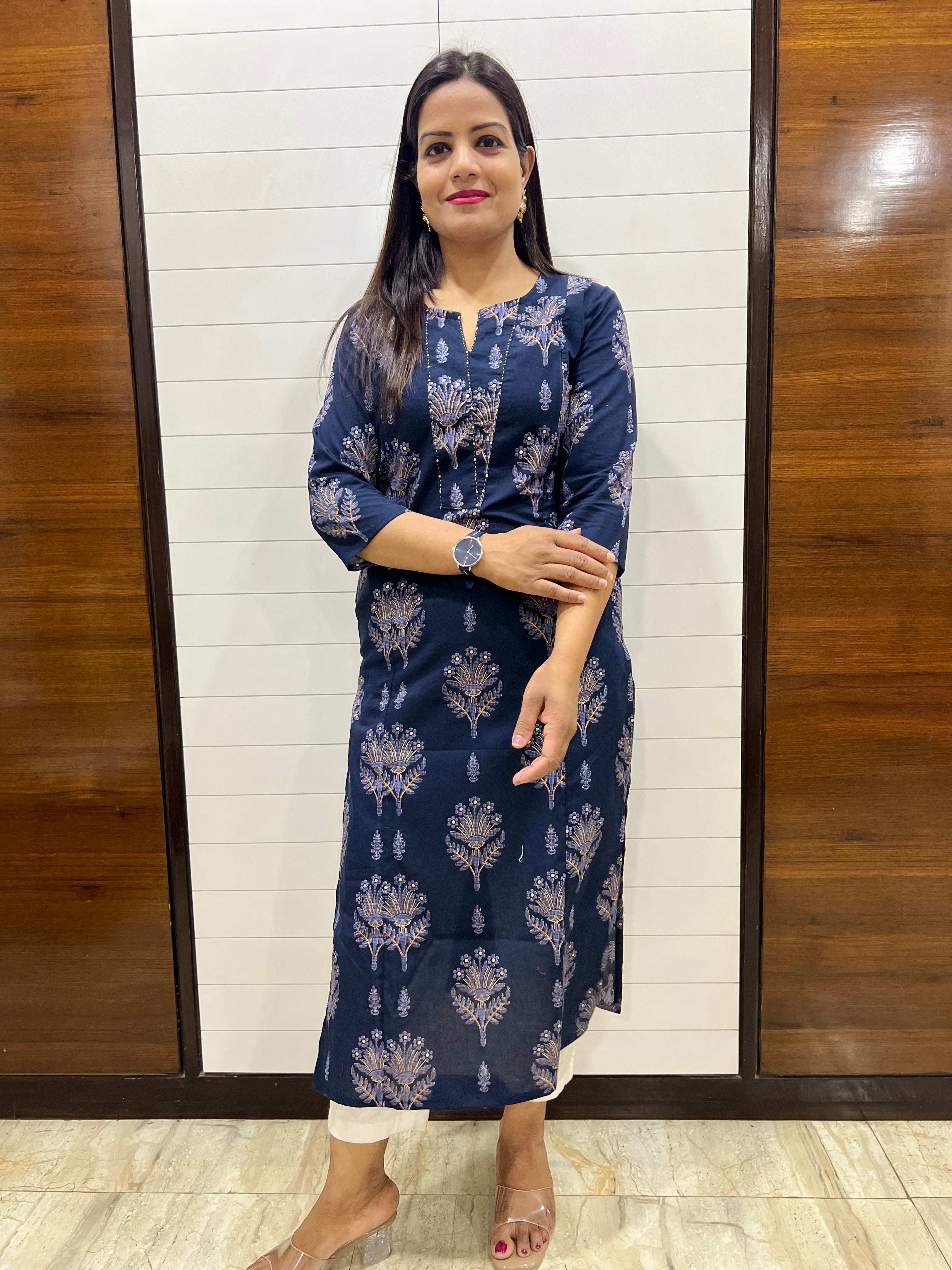 Mumzhug Pure Cotton Navy Blue Jaipuri Printed Feeding Kurta