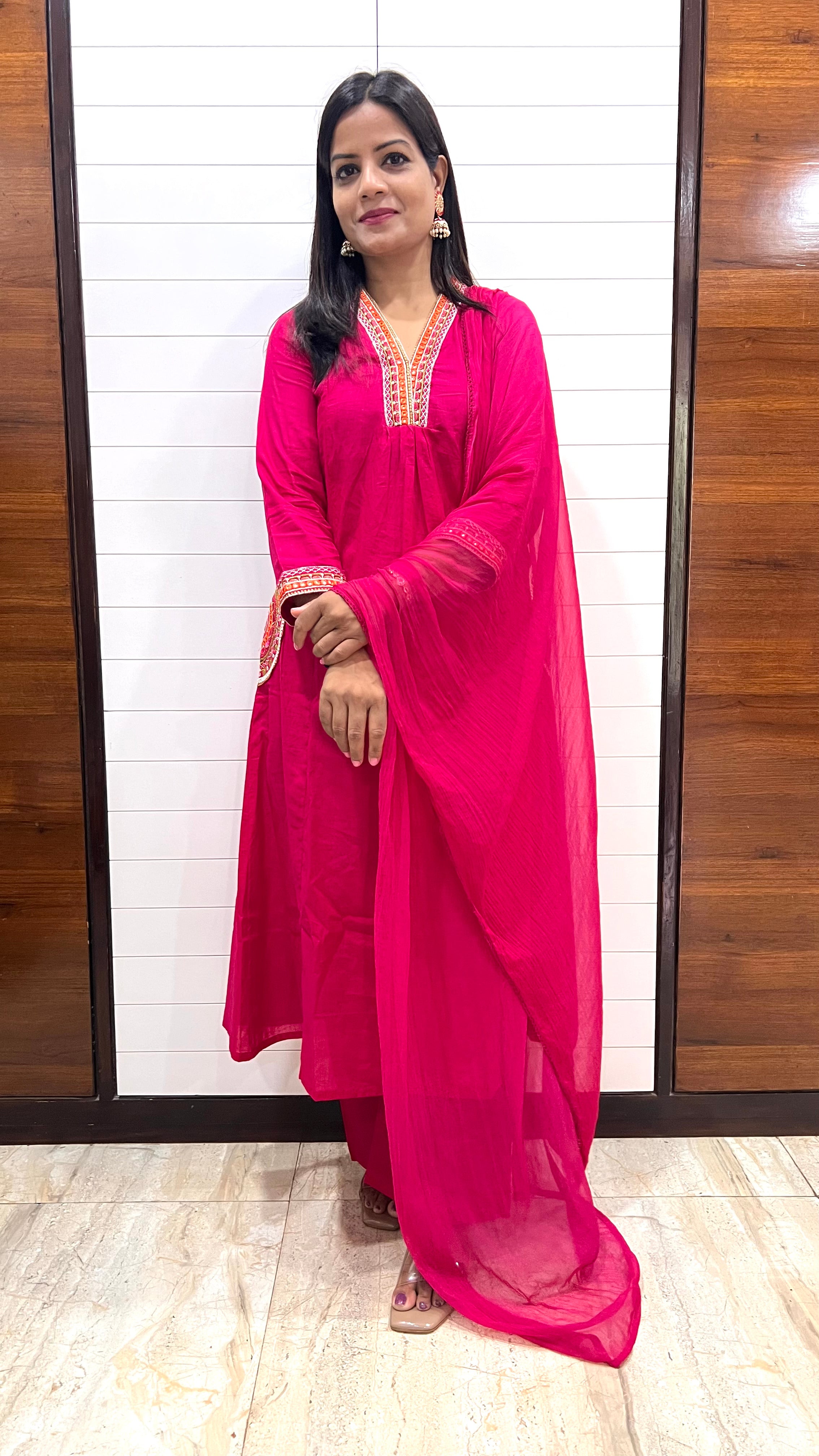 MUMZHUG Pure Cotton Fuchsia Embroidered Feeding & Maternity Kurta Pant with Chiffon Dupatta Set | Soft Nursing Wear | Ready to ship