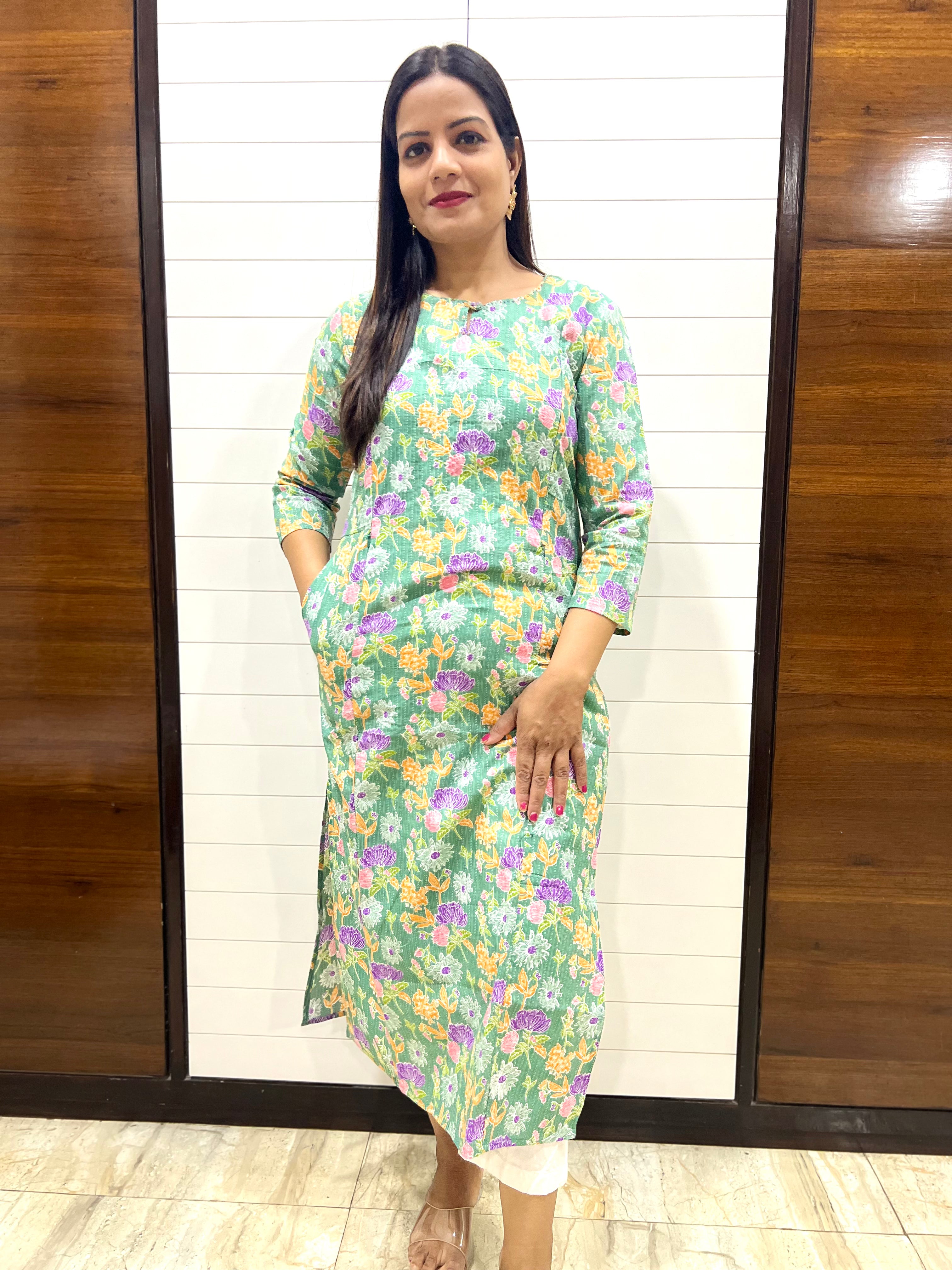 Mumzhug Pista Jaipuri Kantha Print Pure Cotton Feeding Kurta