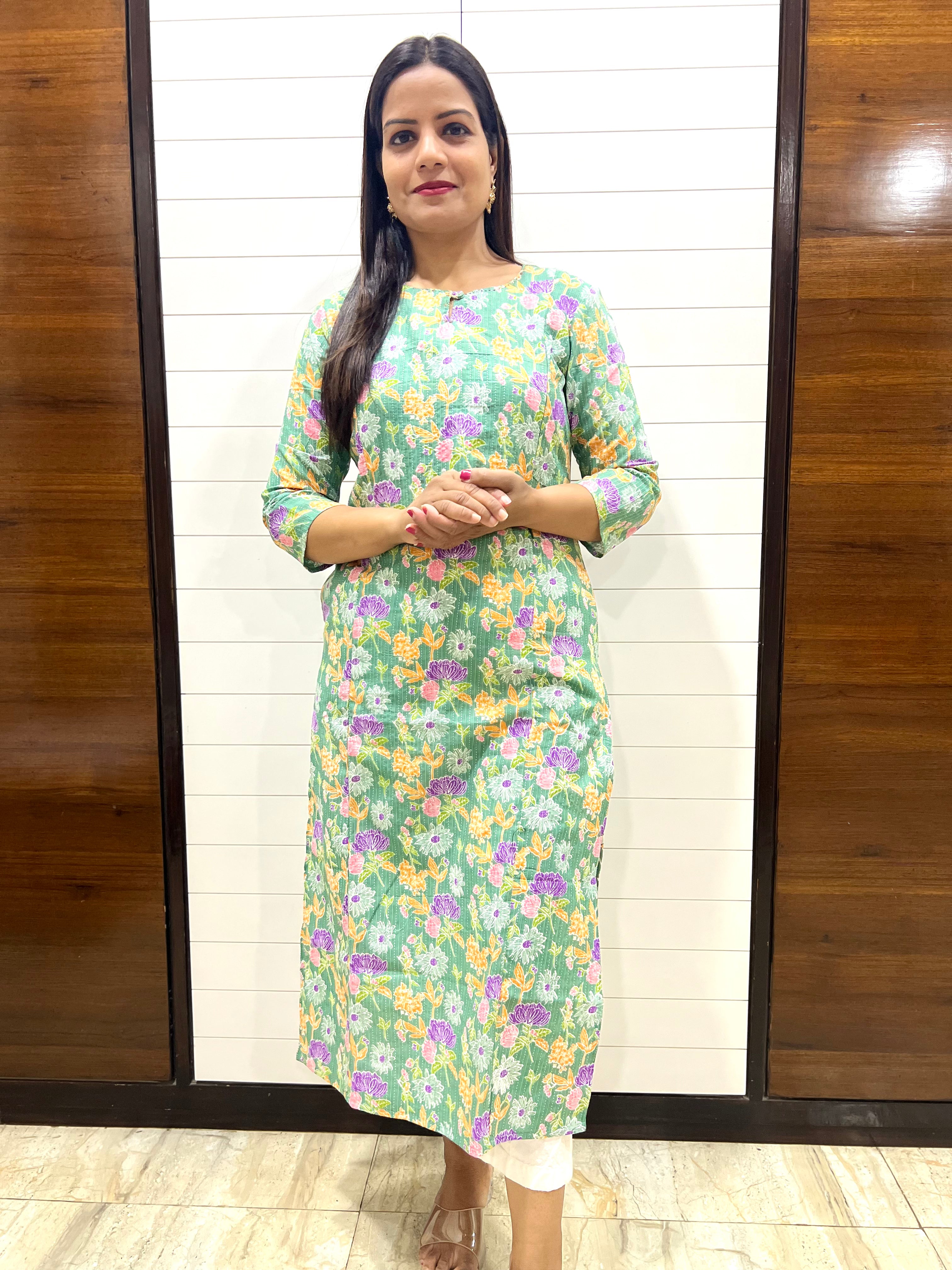 Mumzhug Pista Jaipuri Kantha Print Pure Cotton Feeding Kurta