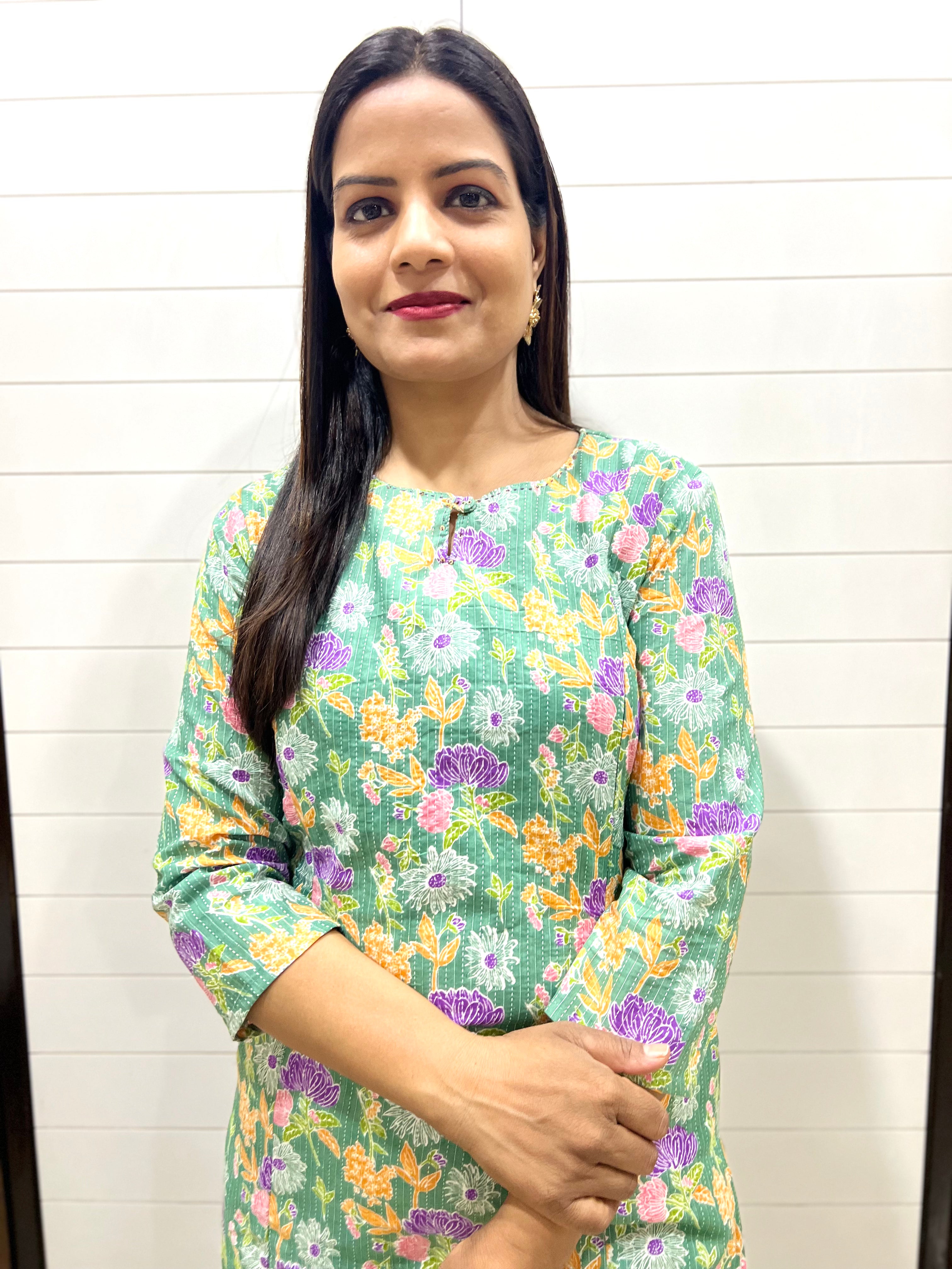 Mumzhug Pista Jaipuri Kantha Print Pure Cotton Feeding Kurta