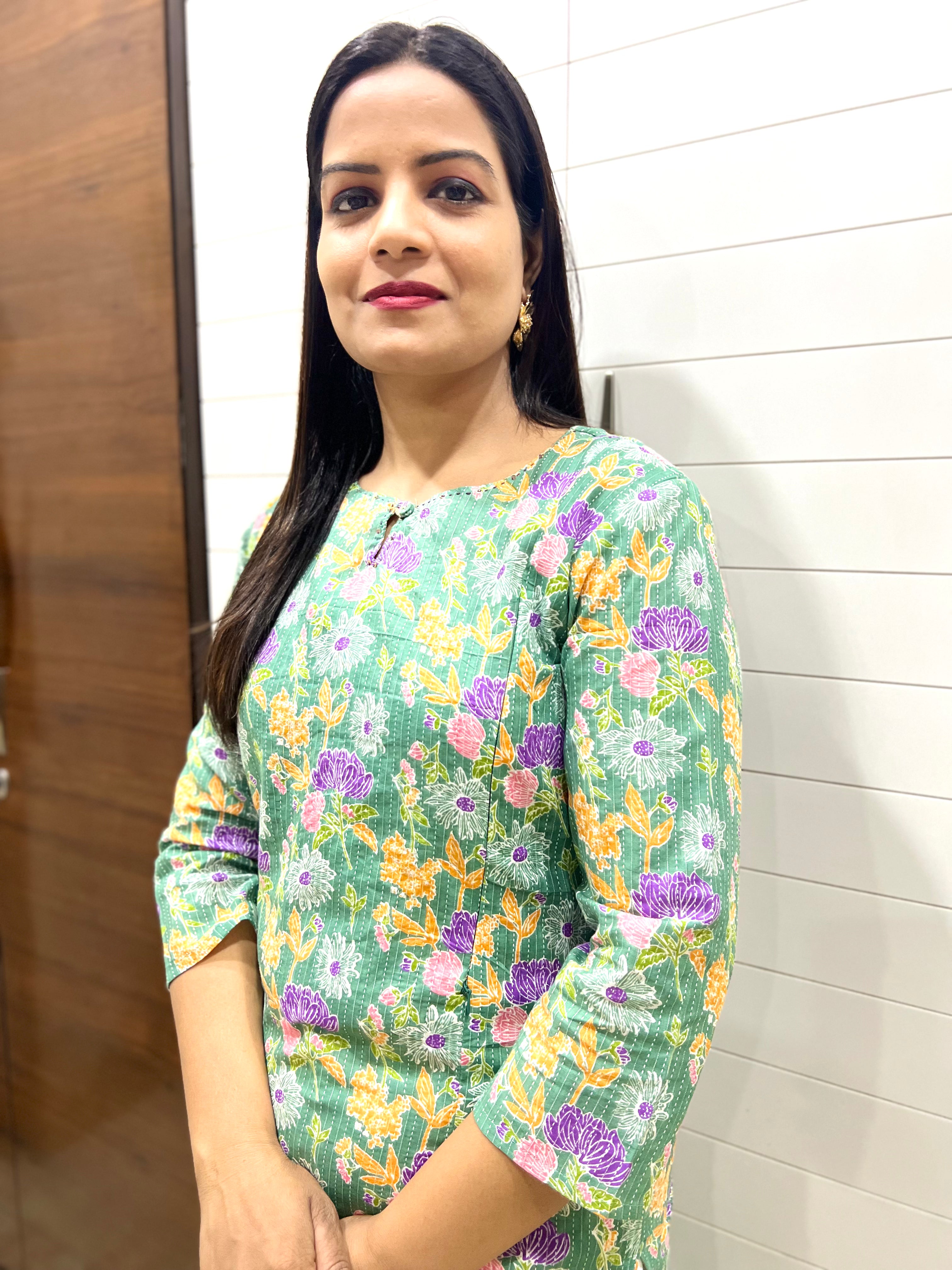 Mumzhug Pista Jaipuri Kantha Print Pure Cotton Feeding Kurta